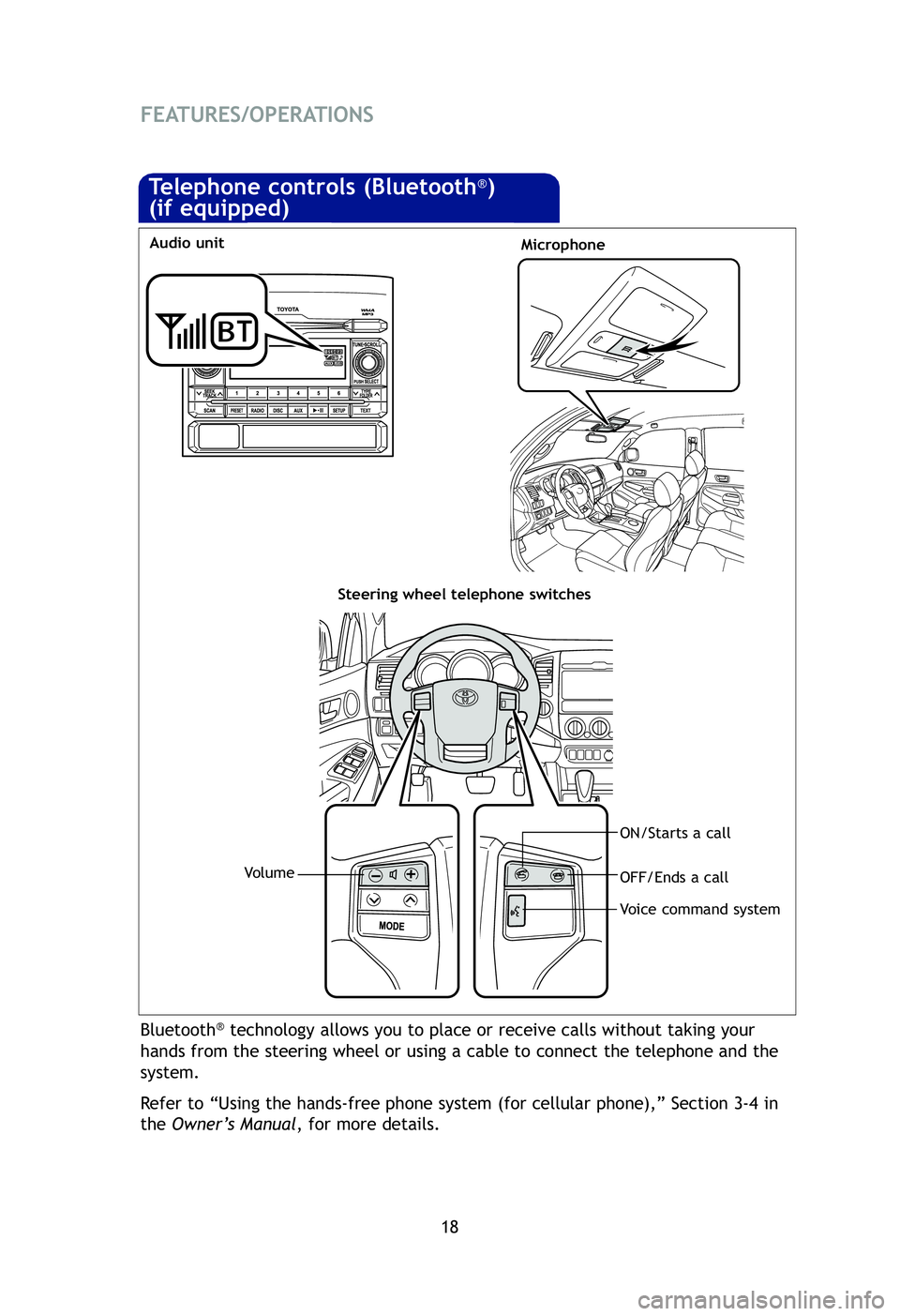 TOYOTA TACOMA 2012  Owners Manual (in English) 18
FEATURES/OPERATIONS
Bluetooth®technology allows you to place or receive calls without taking your
hands from the steering wheel or using a cable to connect the telephone \
and the
system. 
Refer t