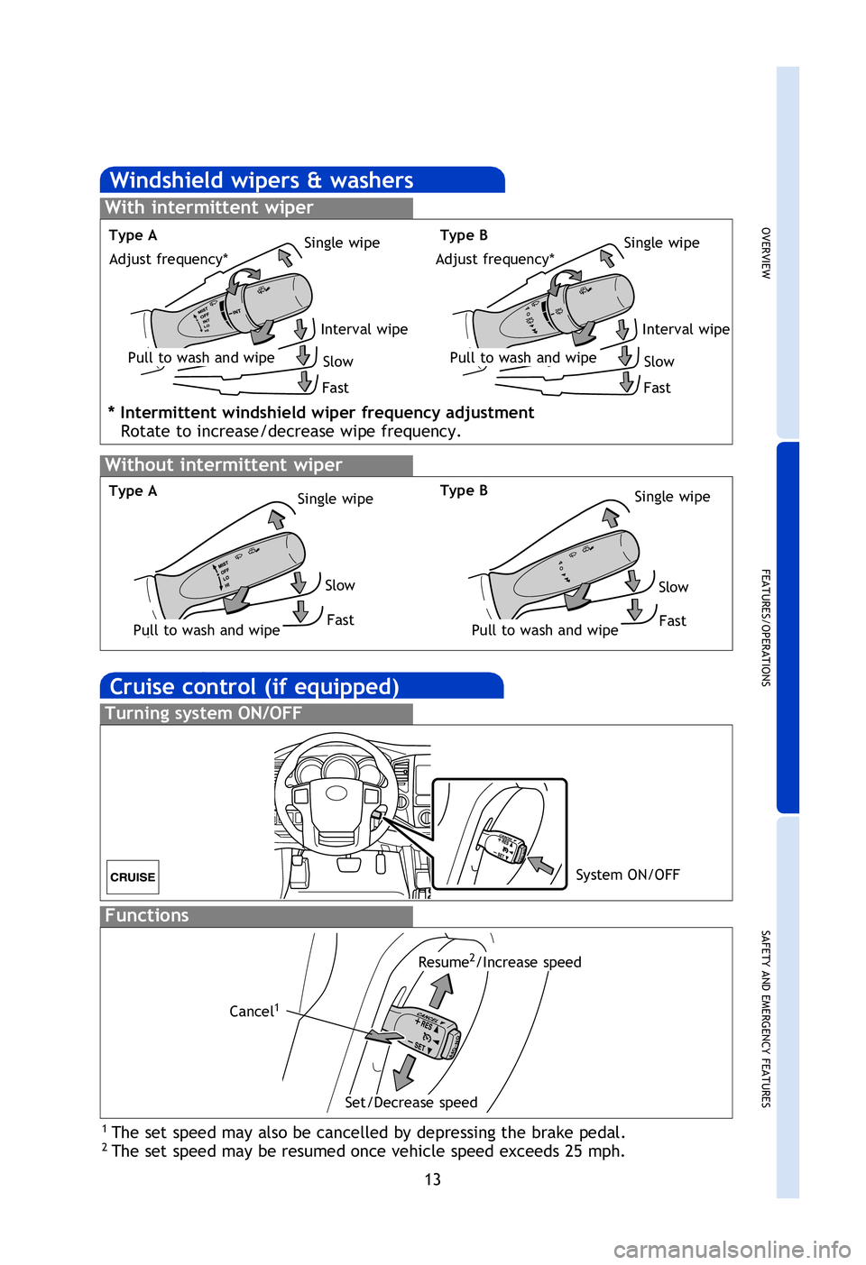 TOYOTA TACOMA 2013 Owners Manual (in English) OVERVIEW
FEATURES/OPERATIONS
SAFETY AND EMERGENCY FEATURES
13
Cruise control (if equipped)
1 The set speed may also be cancelled by depressing the brake pedal.2 The set speed may be resumed once vehi TOYOTA TACOMA 2013 Owners Manual (in English) OVERVIEW
FEATURES/OPERATIONS
SAFETY AND EMERGENCY FEATURES
13
Cruise control (if equipped)
1 The set speed may also be cancelled by depressing the brake pedal.2 The set speed may be resumed once vehi