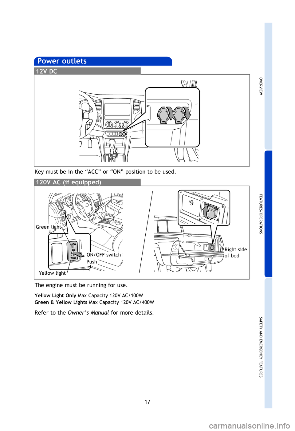 TOYOTA TACOMA 2013  Owners Manual (in English) OVERVIEW
FEATURES/OPERATIONS
SAFETY AND EMERGENCY FEATURES
17
Fan speed
Temperature selector
Airflow vent
In “
” or “” mode, use fresh air (“” indicator OFF) to reduce window 
fogging.
Rec