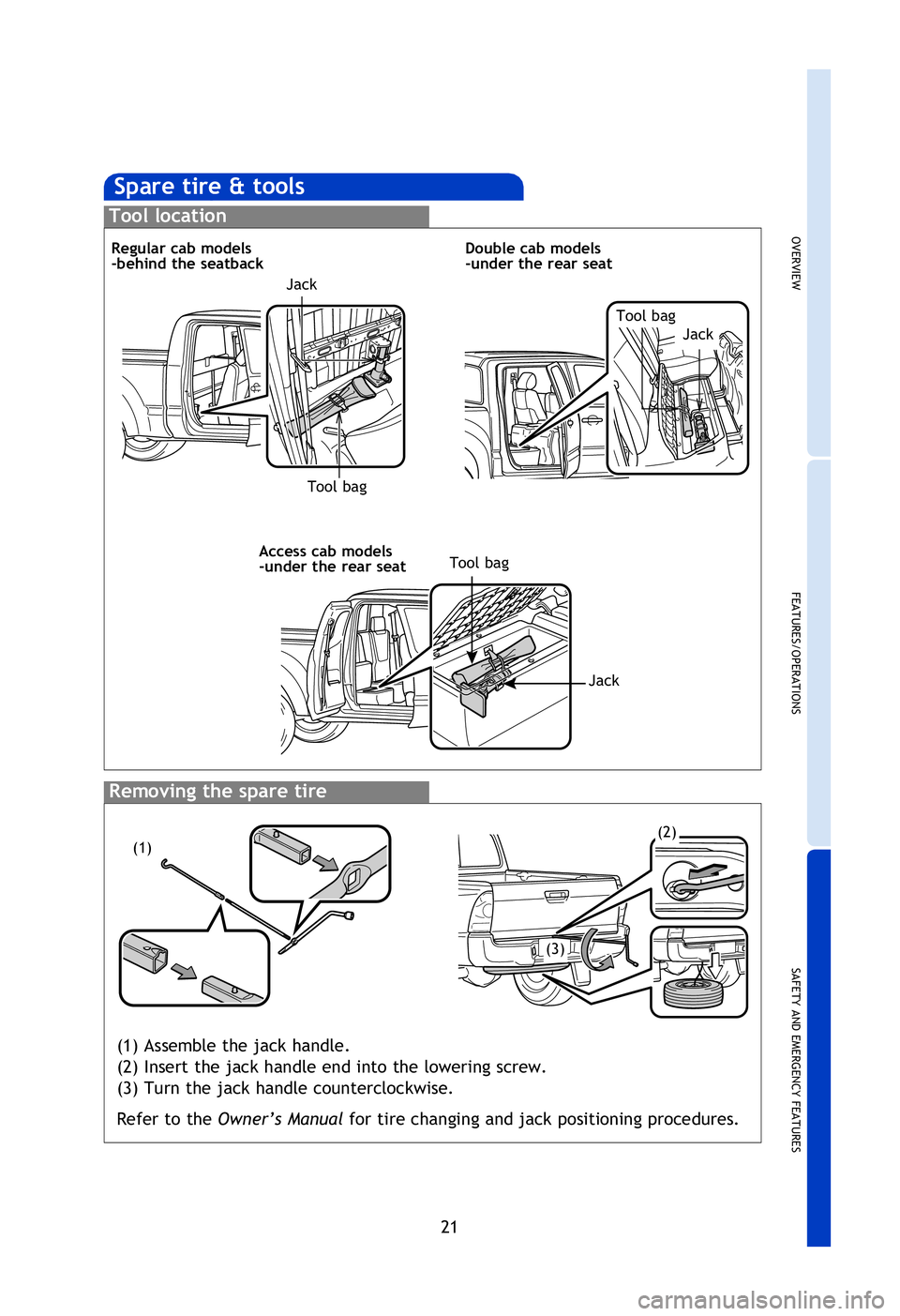 TOYOTA TACOMA 2013 Owners Manual (in English) OVERVIEW
FEATURES/OPERATIONS
SAFETY AND EMERGENCY FEATURES
21
After adjusting tire pressures, or after tires have been rotated or replaced, turn
the ignition switch to “ON” and press and hold the TOYOTA TACOMA 2013 Owners Manual (in English) OVERVIEW
FEATURES/OPERATIONS
SAFETY AND EMERGENCY FEATURES
21
After adjusting tire pressures, or after tires have been rotated or replaced, turn
the ignition switch to “ON” and press and hold the
