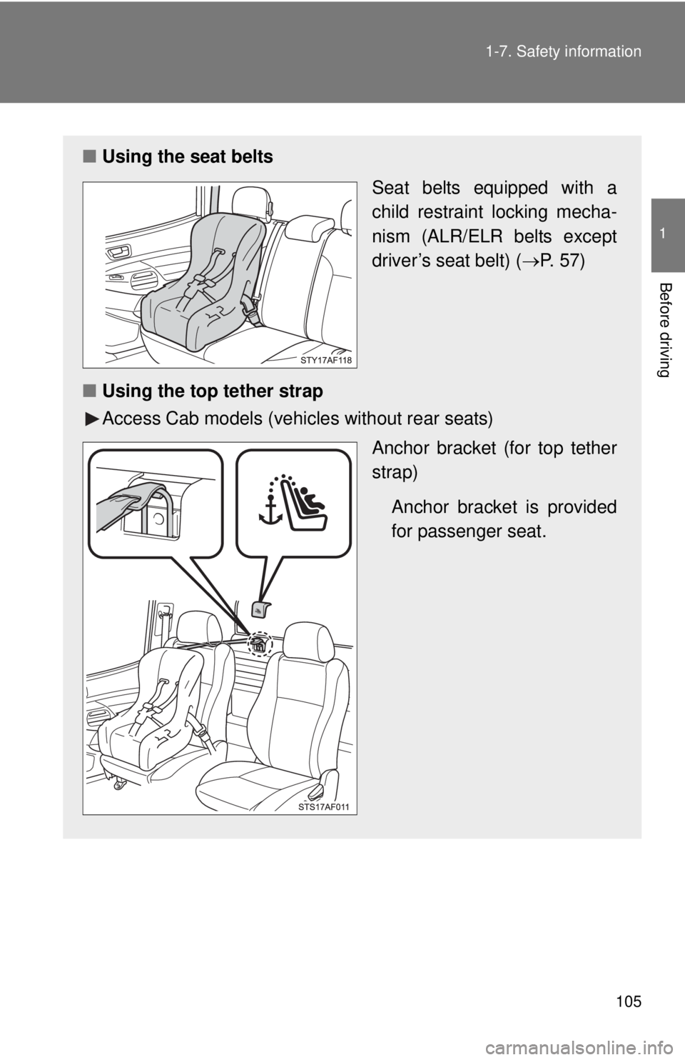 TOYOTA TACOMA 2015  Owners Manual (in English) 105
1-7. Safety information
1
Before driving
■
Using the seat belts
Seat belts equipped with a
child restraint locking mecha-
nism (ALR/ELR belts except
driver’s seat belt) (P. 57)
■ Using th
