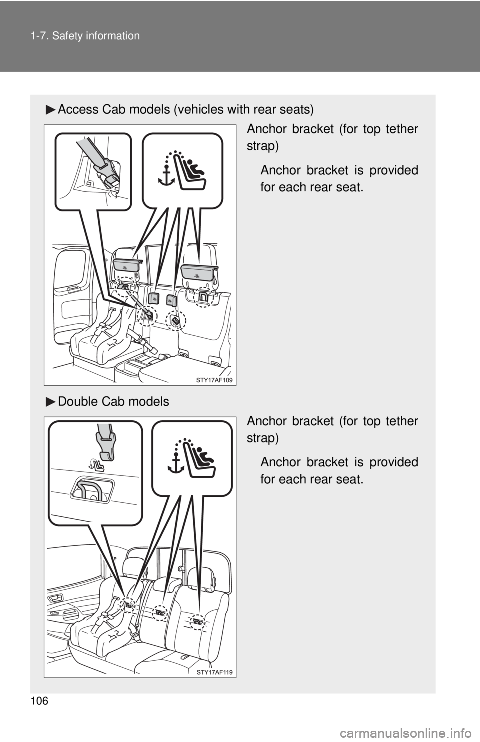TOYOTA TACOMA 2015  Owners Manual (in English) 106 1-7. Safety information
Access Cab models (vehicles with rear seats)Anchor bracket (for top tether
strap)
Anchor bracket is provided
for each rear seat.
Double Cab models Anchor bracket (for top t
