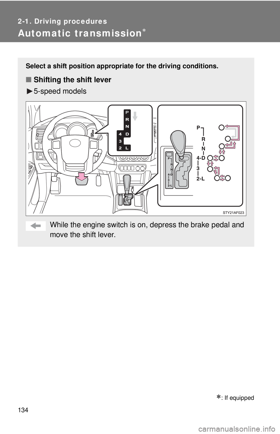 TOYOTA TACOMA 2015  Owners Manual (in English) 134
2-1. Driving procedures
Automatic transmission
: If equipped
Select a shift position appropriate for the driving conditions.
■Shifting the shift lever
5-speed models
While the engine switc