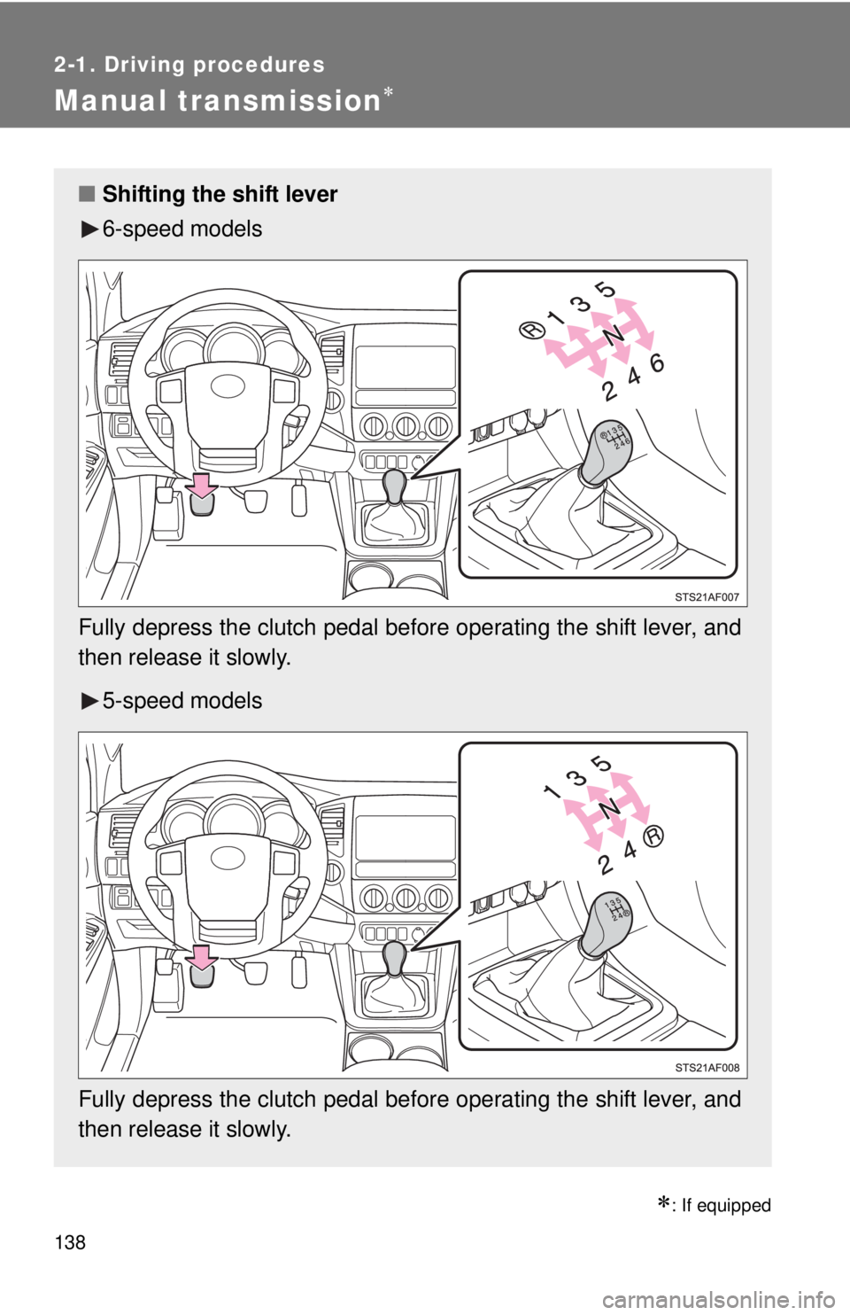 TOYOTA TACOMA 2015  Owners Manual (in English) 138
2-1. Driving procedures
Manual transmission
: If equipped
■Shifting the shift lever
6-speed models
Fully depress the clutch pedal before operating the shift lever, and
then release it slow