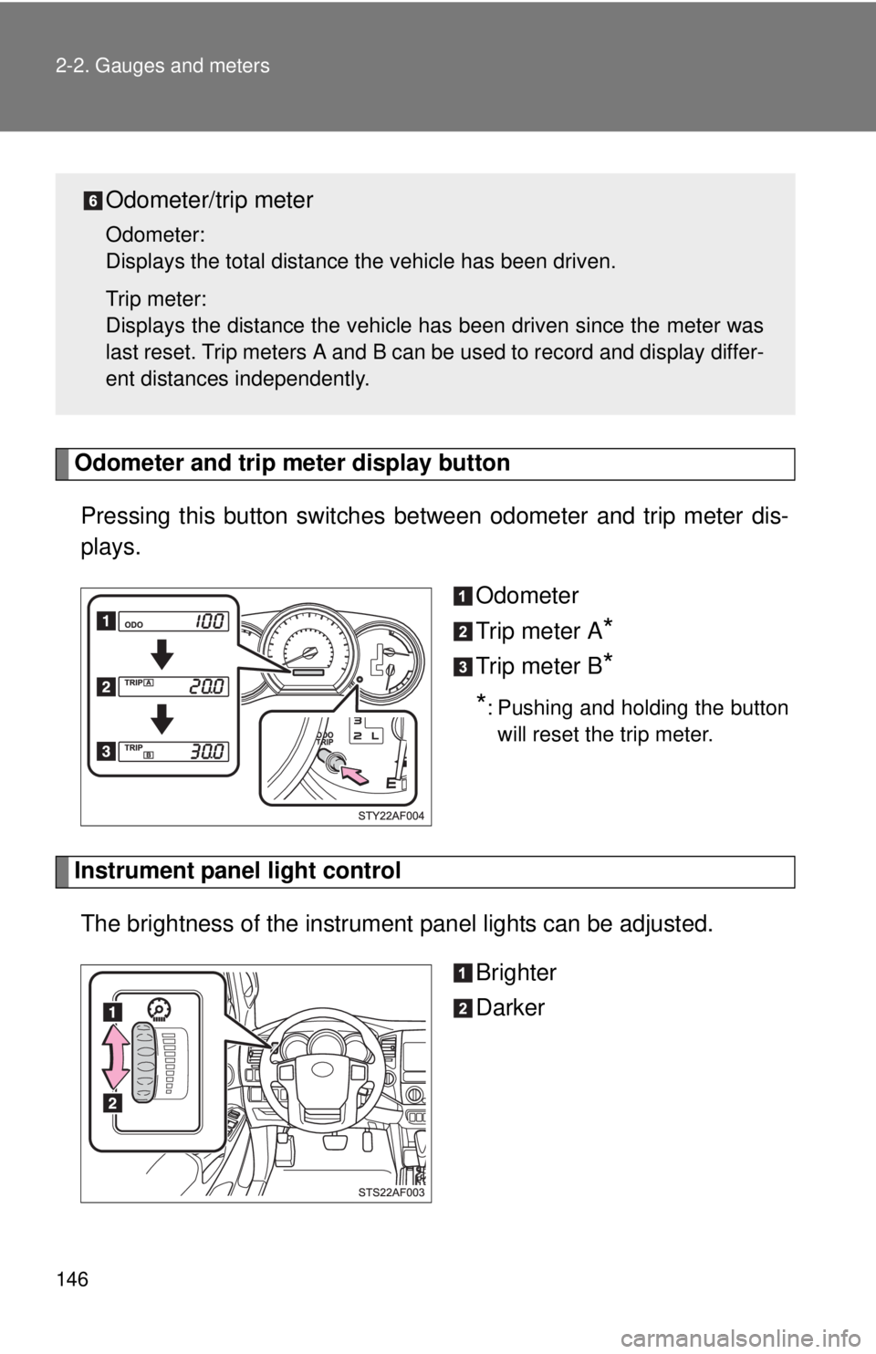TOYOTA TACOMA 2015  Owners Manual (in English) 146 2-2. Gauges and meters
Odometer and trip meter display buttonPressing this button switches  between odometer and trip meter dis-
plays.
Odometer
Trip meter A
*
Trip meter B*
*
: Pushing and holdin
