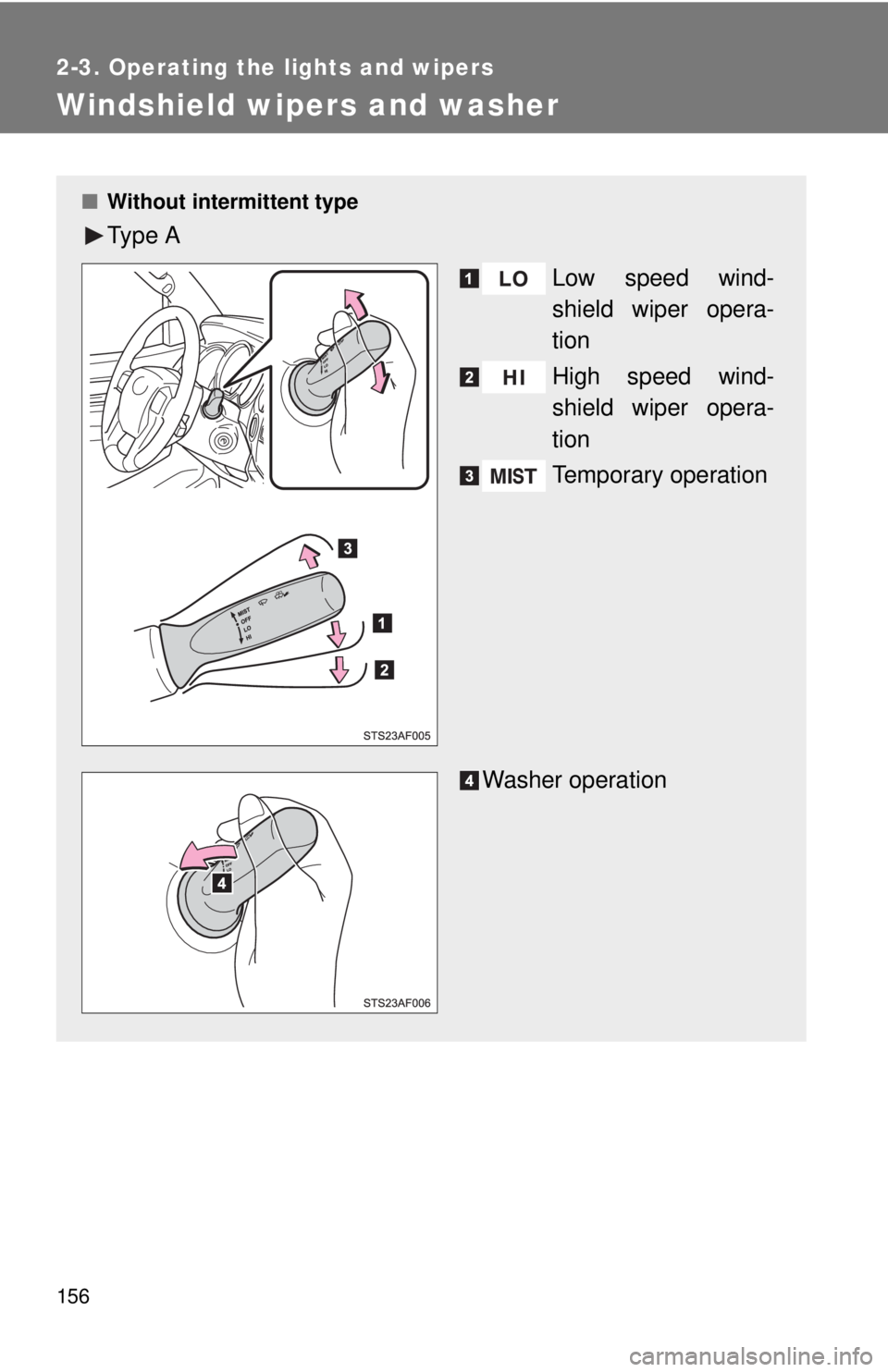 TOYOTA TACOMA 2015  Owners Manual (in English) 156
2-3. Operating the lights and wipers
Windshield wipers and washer
■Without intermittent type
Ty p e  A
Low speed wind-
shield wiper opera-
tion
High speed wind-
shield wiper opera-
tion
Temporar