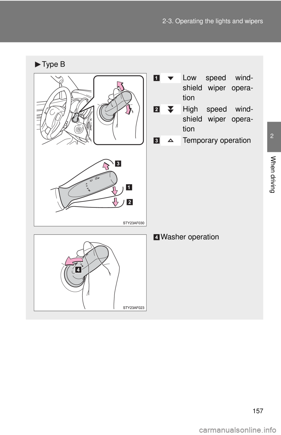 TOYOTA TACOMA 2015  Owners Manual (in English) 157
2-3. Operating the lights and wipers
2
When driving
Ty p e  B
Low speed wind-
shield wiper opera-
tion
High speed wind-
shield wiper opera-
tion
Temporary operation
Washer operation 