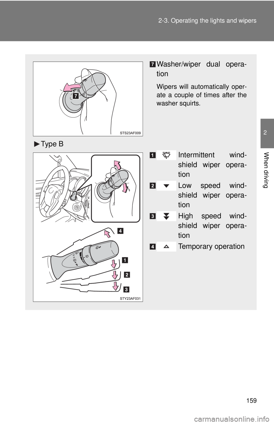 TOYOTA TACOMA 2015  Owners Manual (in English) 159
2-3. Operating the lights and wipers
2
When driving
Washer/wiper dual opera-
tion
Wipers will automatically oper-
ate a couple of times after the
washer squirts. 
Ty p e  B
Intermittent wind-
shie