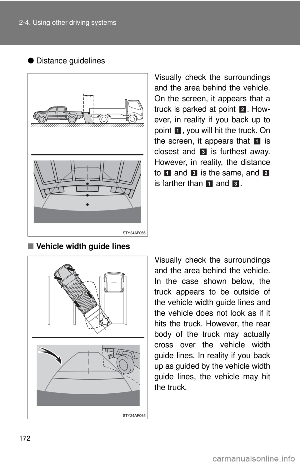 TOYOTA TACOMA 2015  Owners Manual (in English) 172 2-4. Using other driving systems
●Distance guidelines
Visually check the surroundings
and the area behind the vehicle.
On the screen, it appears that a
truck is parked at point  . How-
ever, in 