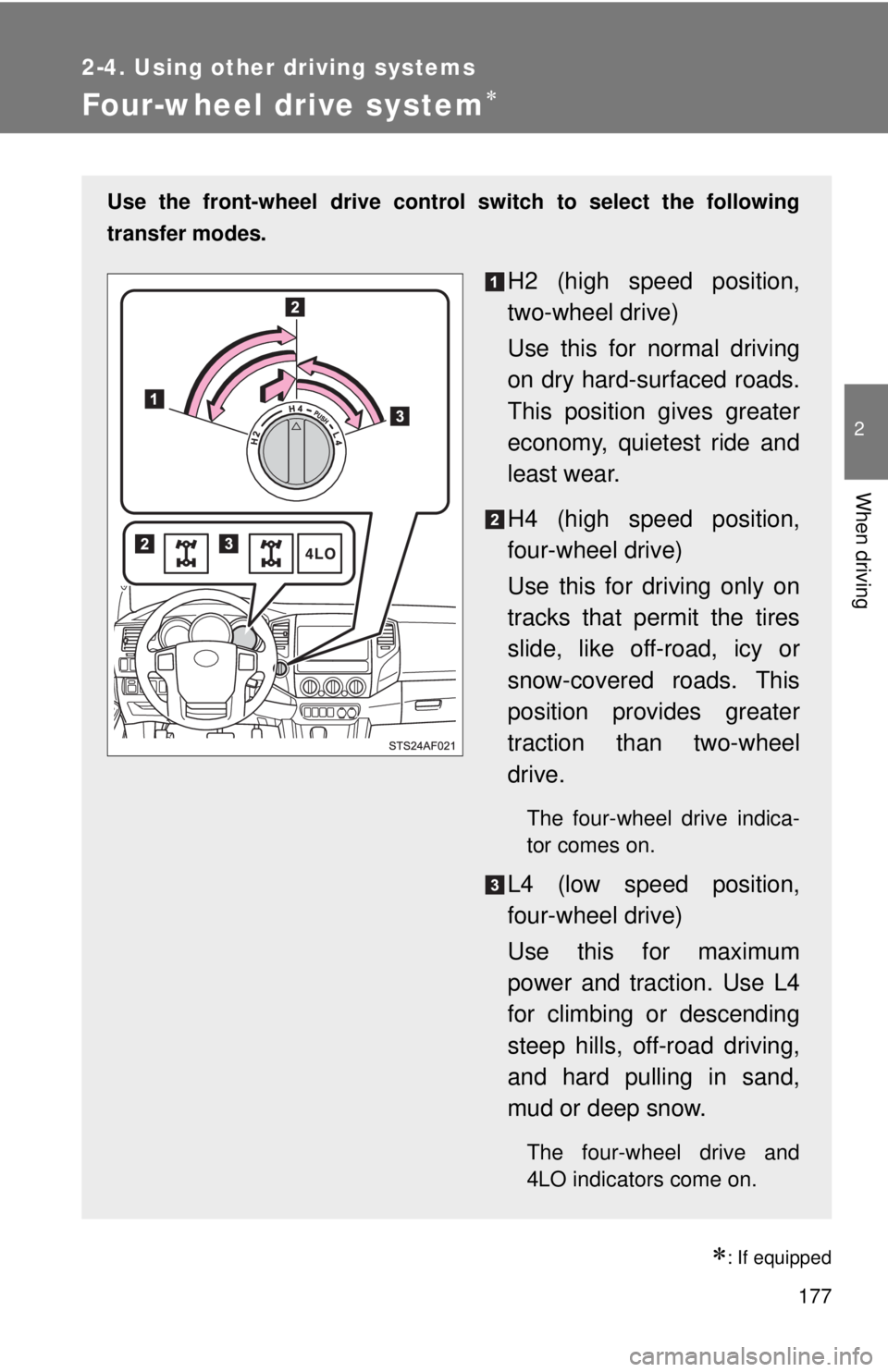 TOYOTA TACOMA 2015  Owners Manual (in English) 177
2-4. Using other driving systems
2
When driving
Four-wheel drive system
: If equipped
Use the front-wheel drive control switch to select the following
transfer modes.
H2 (high speed position