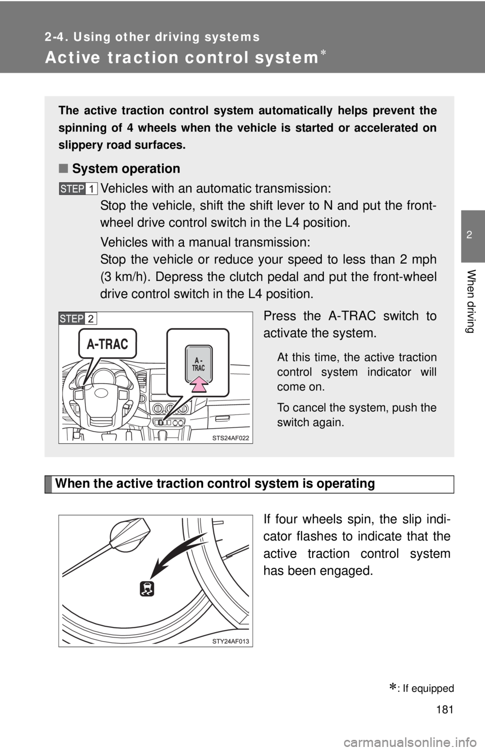 TOYOTA TACOMA 2015  Owners Manual (in English) 181
2-4. Using other driving systems
2
When driving
Active traction control system
When the active traction control system is operatingIf four wheels spin, the slip indi-
cator flashes to indicate 