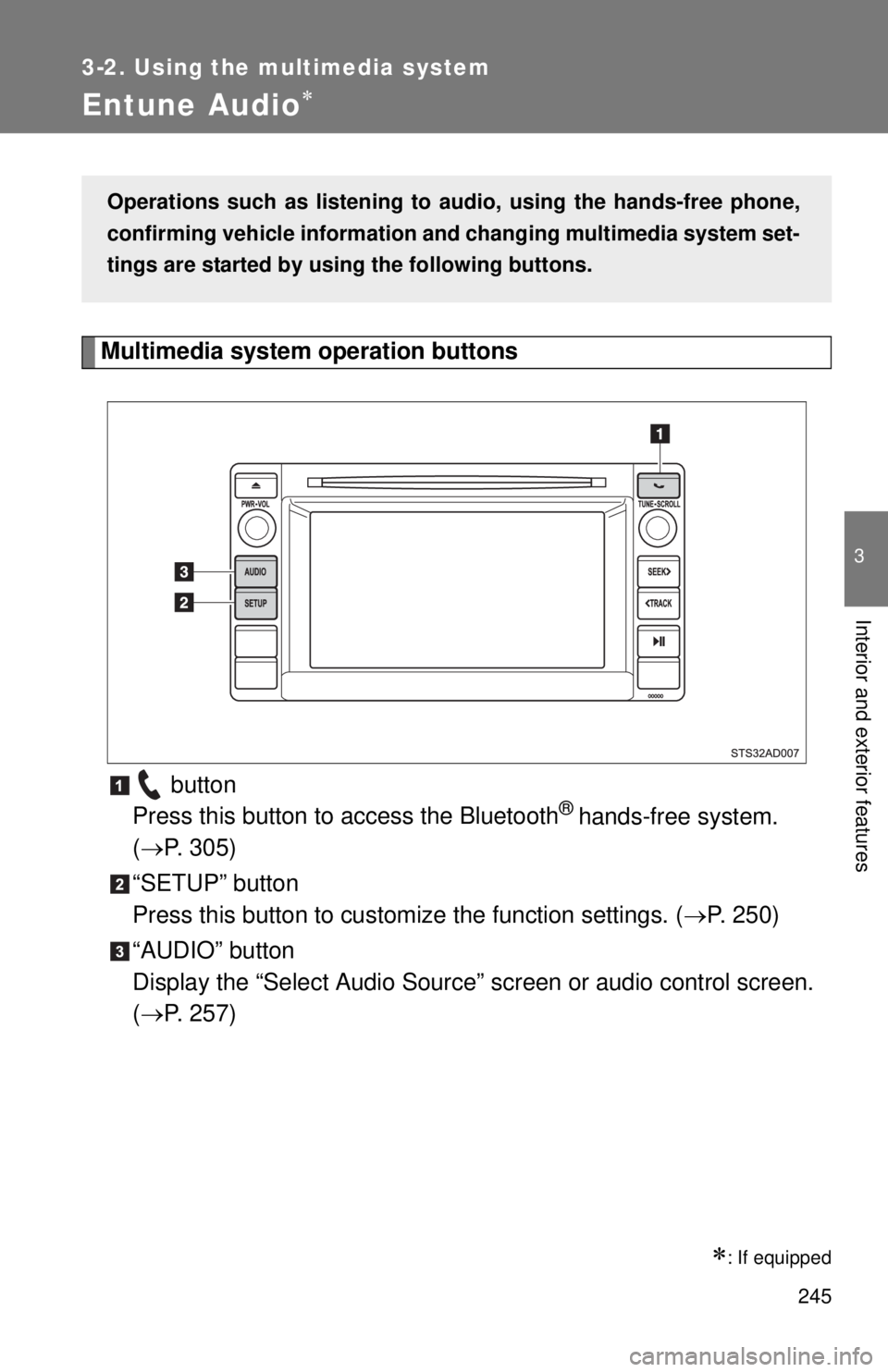 TOYOTA TACOMA 2015  Owners Manual (in English) 245
3-2. Using the multimedia system
3
Interior and exterior features
Entune Audio
Multimedia system operation buttons button 
Press this button to access the Bluetooth
® hands-free system. 
( 