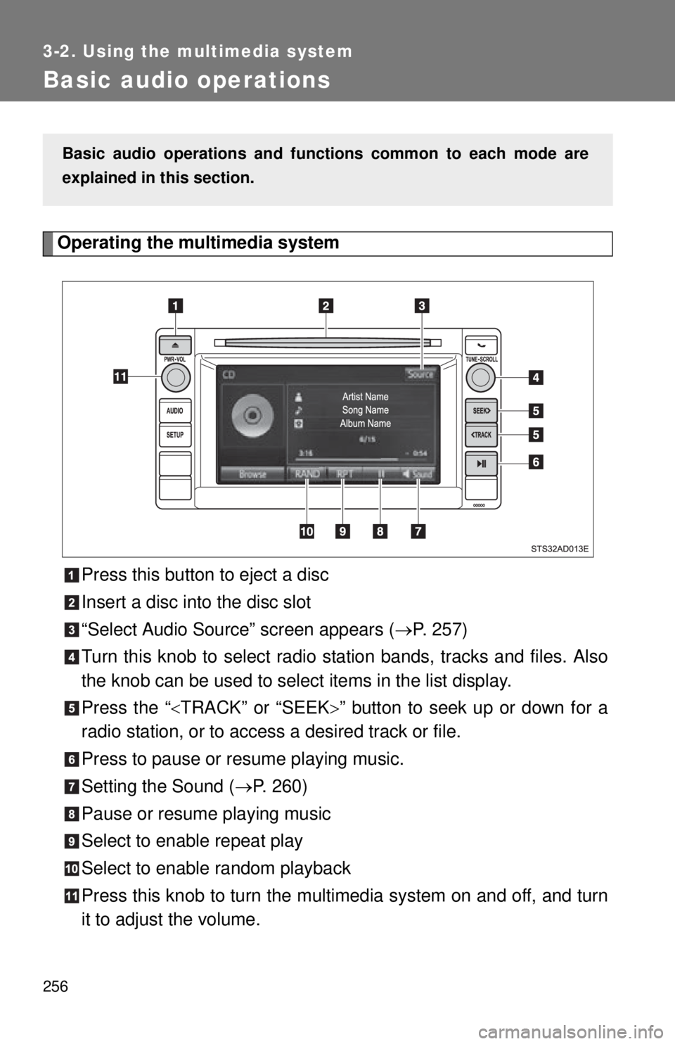 TOYOTA TACOMA 2015  Owners Manual (in English) 256
3-2. Using the multimedia system
Basic audio operations
Operating the multimedia systemPress this button to eject a disc
Insert a disc into the disc slot
“Select Audio Source” screen appears (