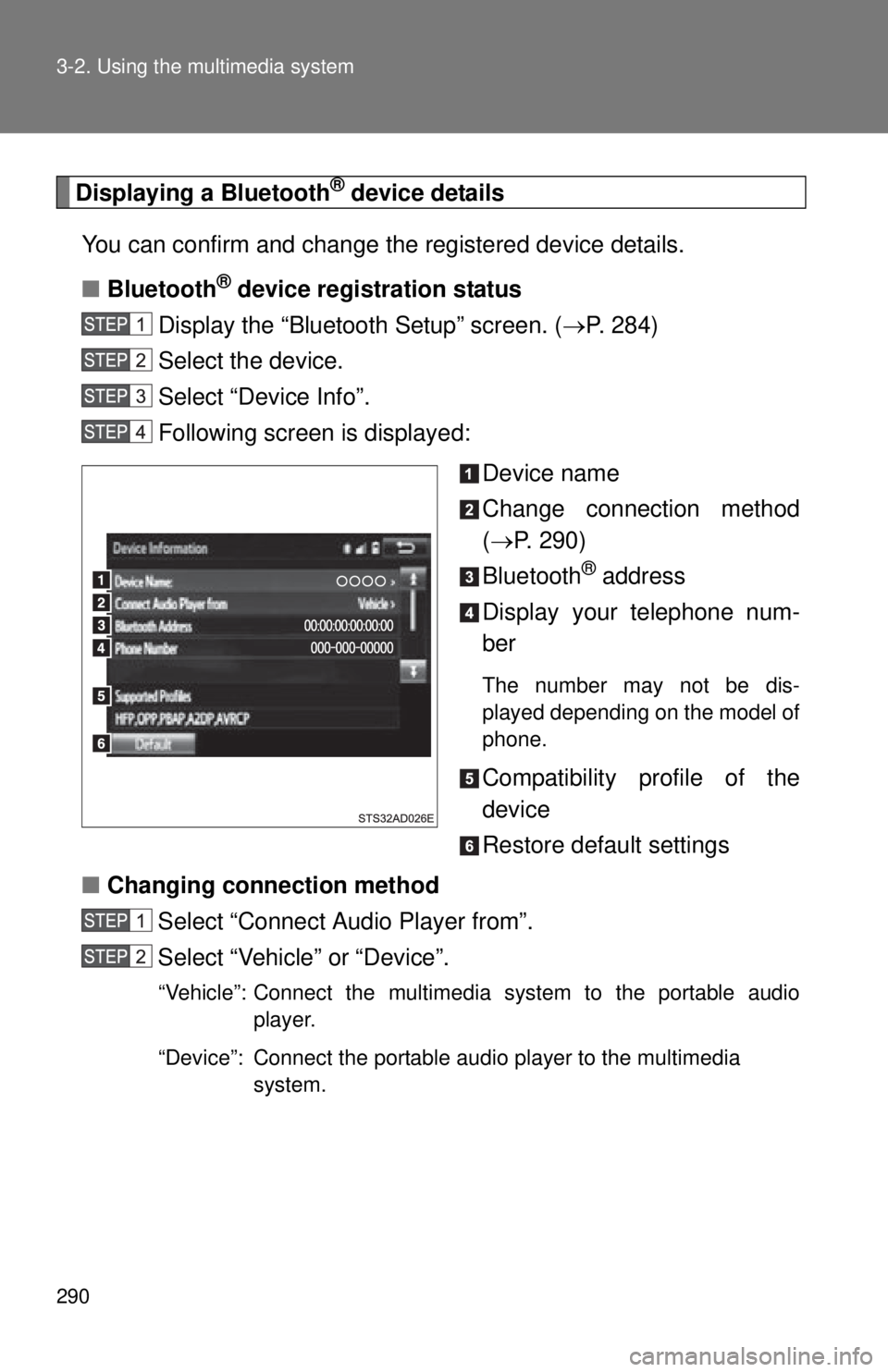TOYOTA TACOMA 2015  Owners Manual (in English) 290 3-2. Using the multimedia system
Displaying a Bluetooth® device details
You can confirm and change the registered device details.
■ Bluetooth
® device regi stration status
Display the “Bluet