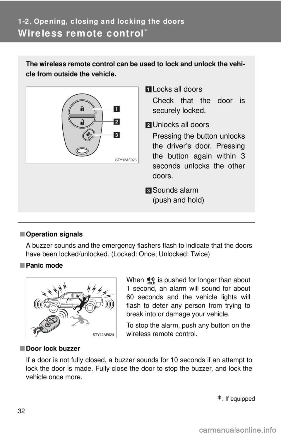 TOYOTA TACOMA 2015 Owners Manual (in English) 32
1-2. Opening, closing and locking the doors
Wireless remote control
: If equipped
■Operation signals
A buzzer sounds and the emergency flashers flash to indicate that the doors
have been lo TOYOTA TACOMA 2015 Owners Manual (in English) 32
1-2. Opening, closing and locking the doors
Wireless remote control
: If equipped
■Operation signals
A buzzer sounds and the emergency flashers flash to indicate that the doors
have been lo