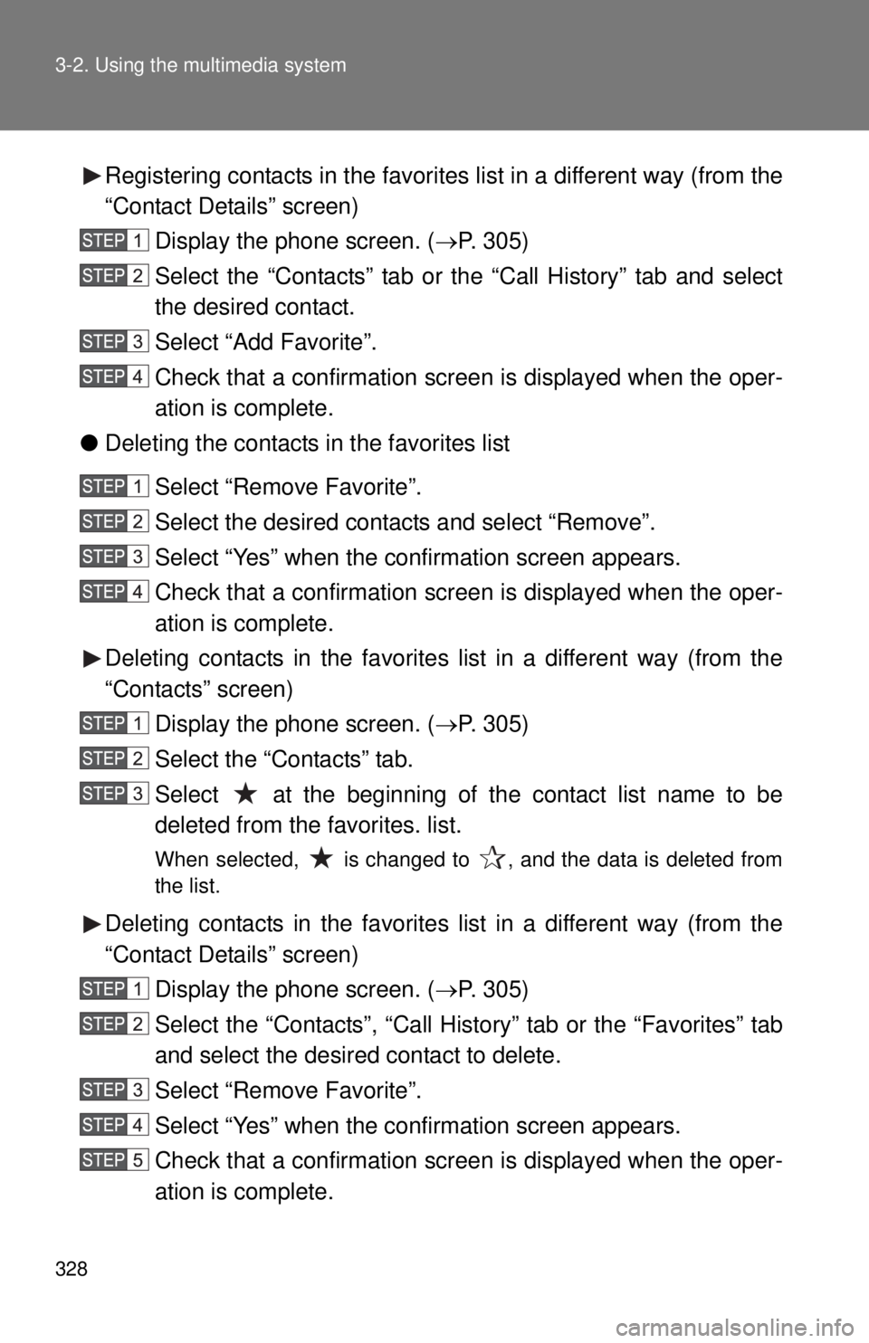 TOYOTA TACOMA 2015 Owners Manual (in English) 328 3-2. Using the multimedia system
Registering contacts in the favorites list in a different way (from the
“Contact Details” screen)Display the phone screen. ( P. 305)
Select the “Contacts TOYOTA TACOMA 2015 Owners Manual (in English) 328 3-2. Using the multimedia system
Registering contacts in the favorites list in a different way (from the
“Contact Details” screen)Display the phone screen. ( P. 305)
Select the “Contacts