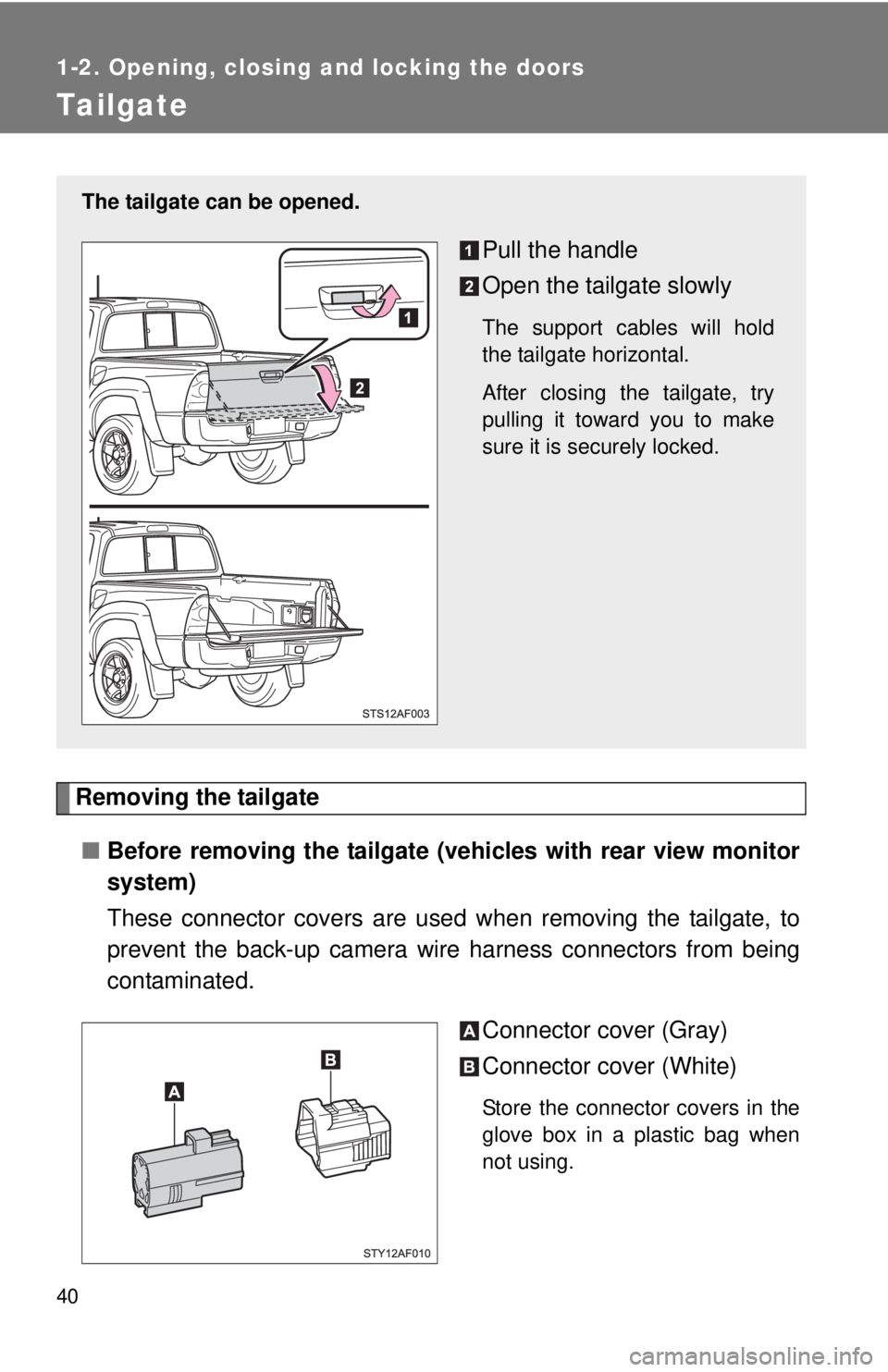 TOYOTA TACOMA 2015  Owners Manual (in English) 40
1-2. Opening, closing and locking the doors
Tailgate
Removing the tailgate■ Before removing the tailgate (vehicles with rear view monitor
system)
These connector covers are used  when removing th