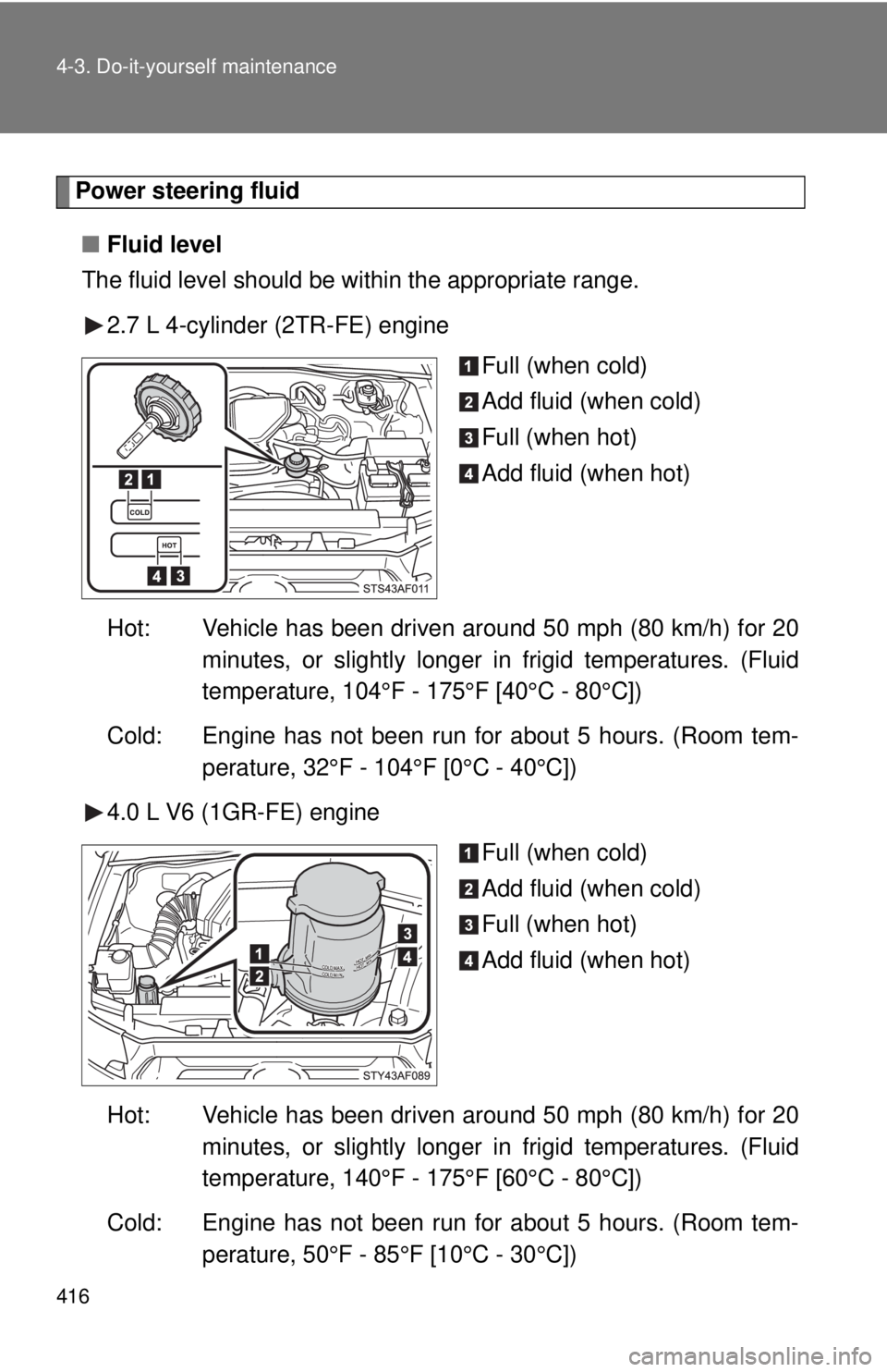 TOYOTA TACOMA 2015  Owners Manual (in English) 416 4-3. Do-it-yourself maintenance
Power steering fluid■ Fluid level
The fluid level should be within the appropriate range.
2.7 L 4-cylinder (2TR-FE) engine Full (when cold)
Add fluid (when cold)
