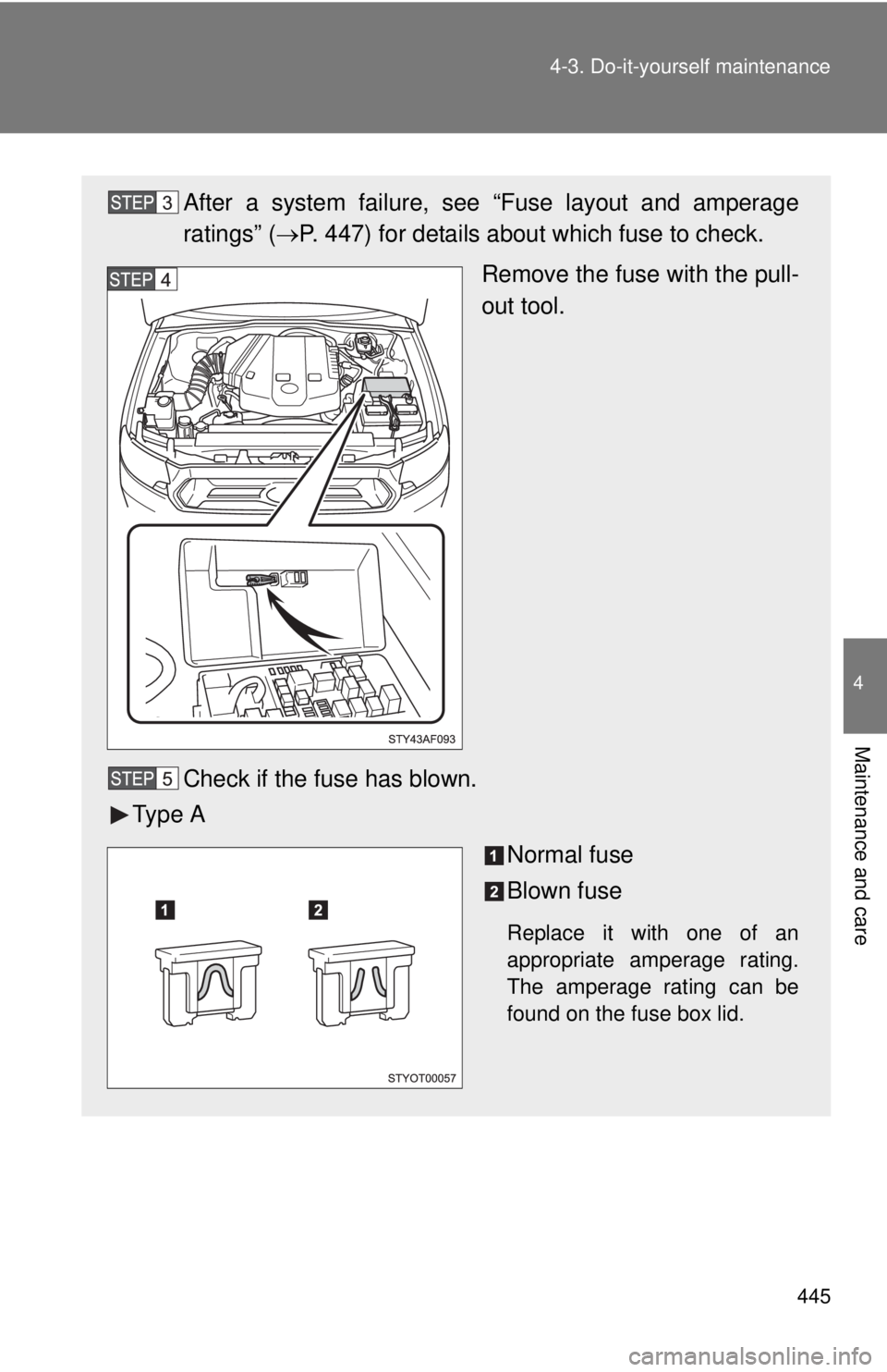 TOYOTA TACOMA 2015  Owners Manual (in English) 445
4-3. Do-it-yourself maintenance
4
Maintenance and care
After a system failure, s
ee “Fuse layout and amperage
ratings” ( P. 447) for details about which fuse to check.
Remove the fuse with 