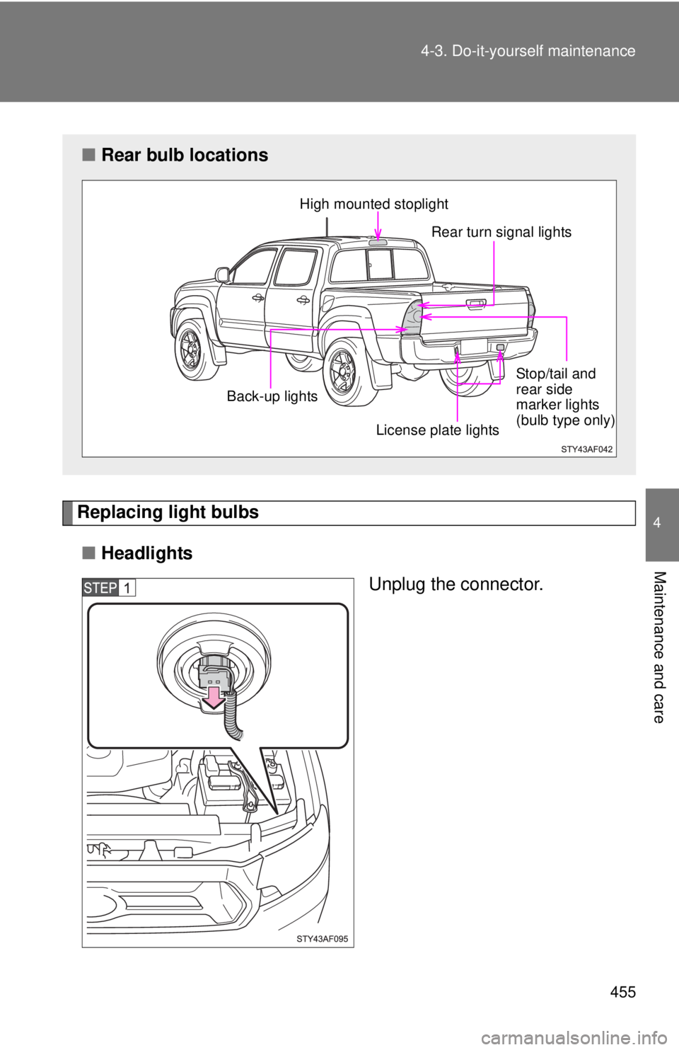 TOYOTA TACOMA 2015  Owners Manual (in English) 455
4-3. Do-it-yourself maintenance
4
Maintenance and care
Replacing light bulbs
■ Headlights
Unplug the connector.
■Rear bulb locations
High mounted stoplight 
Rear turn signal lights
License pla