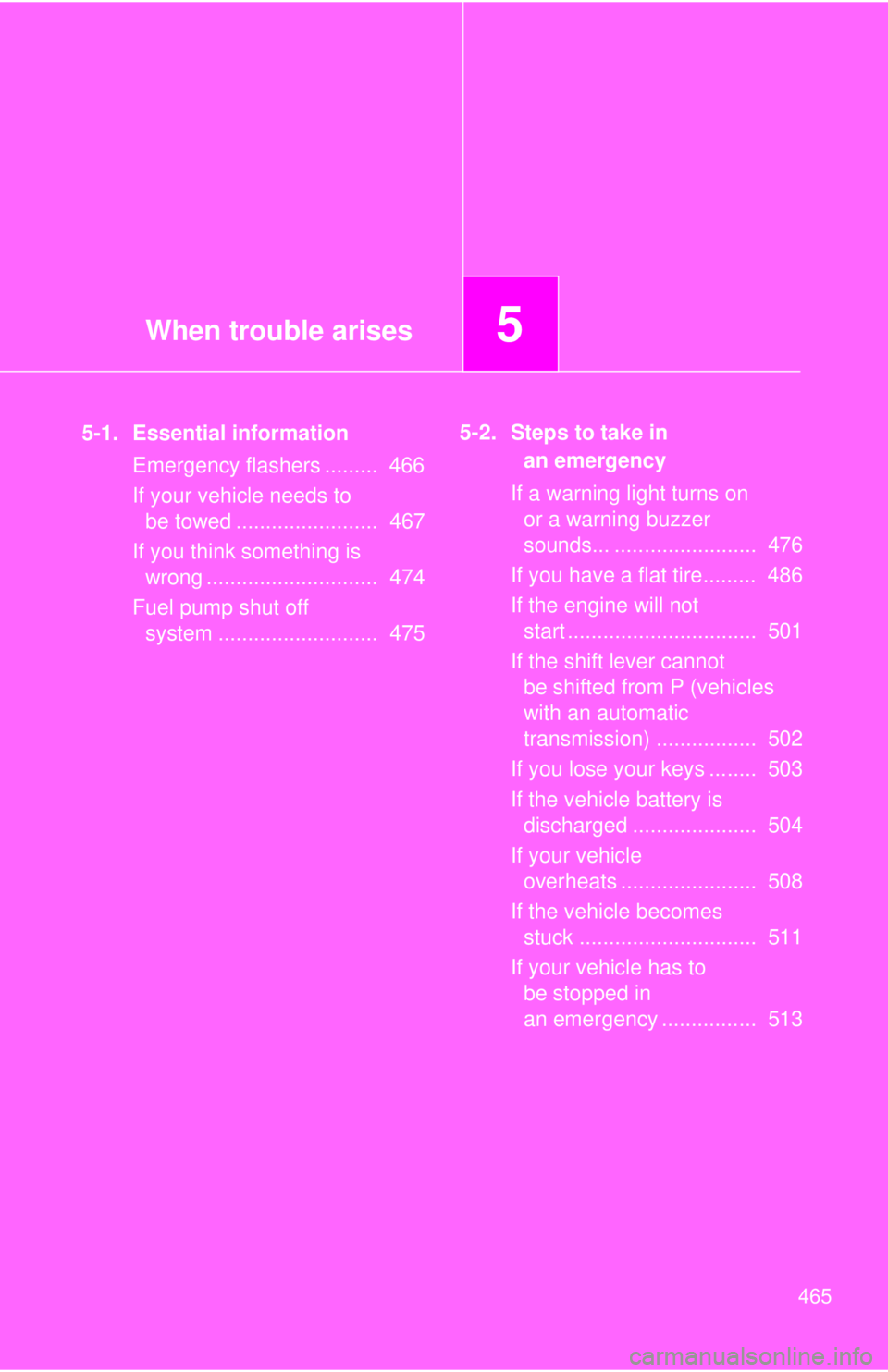 TOYOTA TACOMA 2015  Owners Manual (in English) When trouble arises5
465
5-1. Essential informationEmergency flashers .........  466
If your vehicle needs to be towed ........................  467
If you think something is  wrong ..................