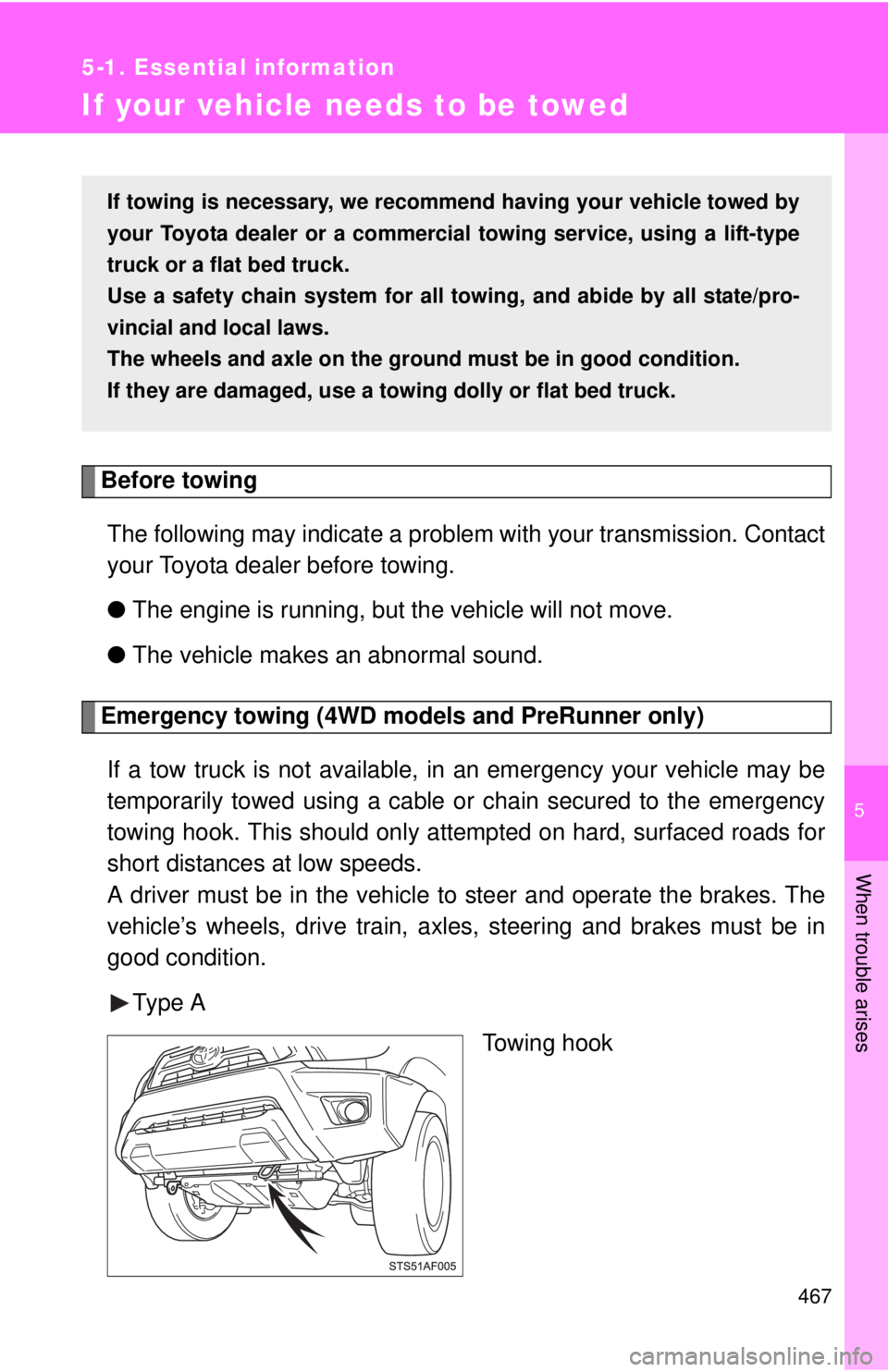 TOYOTA TACOMA 2015 Owners Manual (in English) 5
When trouble arises
467
5-1. Essential information
If your vehicle needs to be towed
Before towingThe following may indicate a problem with your transmission. Contact
your Toyota dealer before towin TOYOTA TACOMA 2015 Owners Manual (in English) 5
When trouble arises
467
5-1. Essential information
If your vehicle needs to be towed
Before towingThe following may indicate a problem with your transmission. Contact
your Toyota dealer before towin