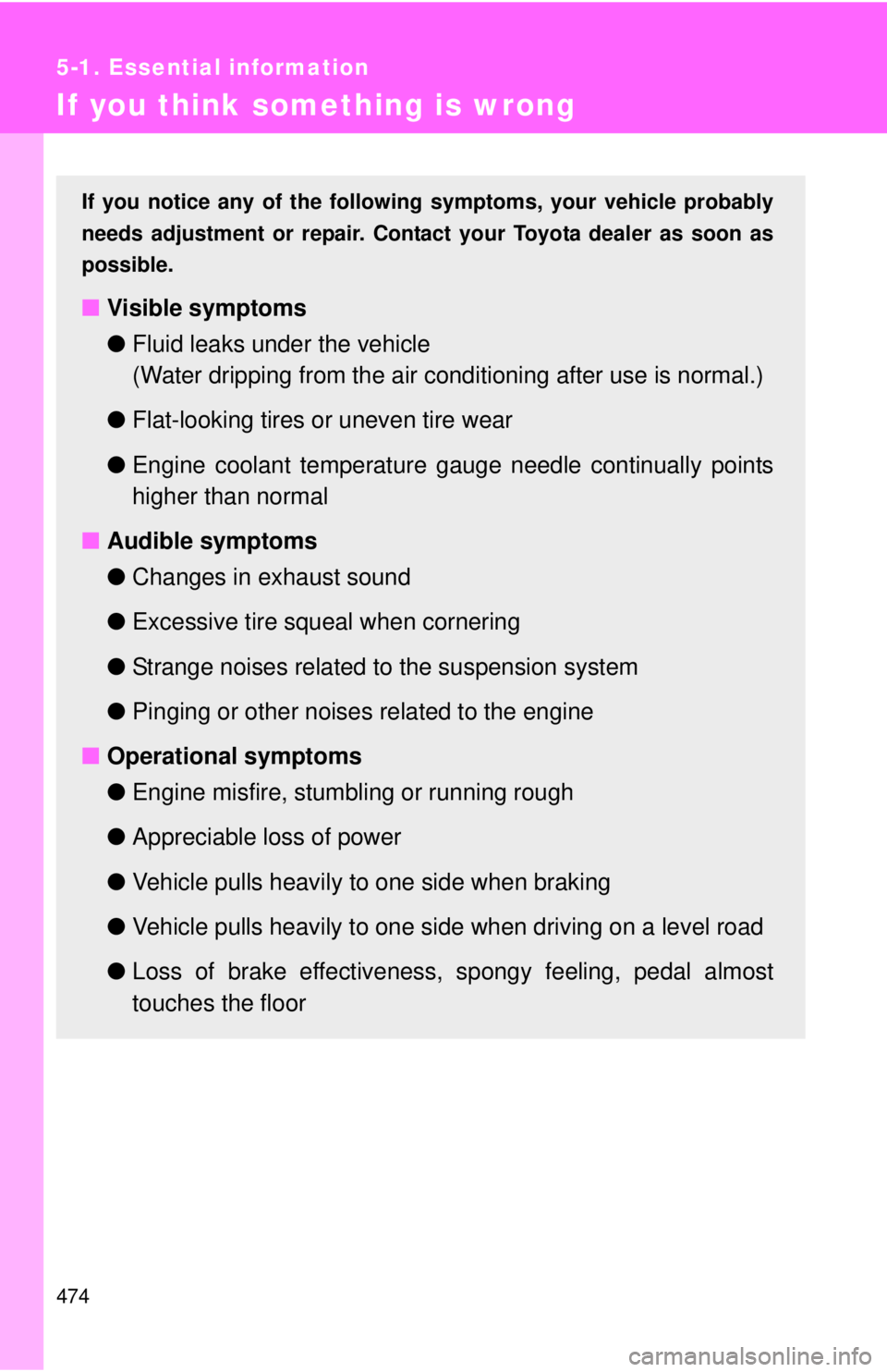 TOYOTA TACOMA 2015  Owners Manual (in English) 474
5-1. Essential information
If you think something is wrong
If you notice any of the following symptoms, your vehicle probably
needs adjustment or repair. Contact your Toyota dealer as soon as
poss