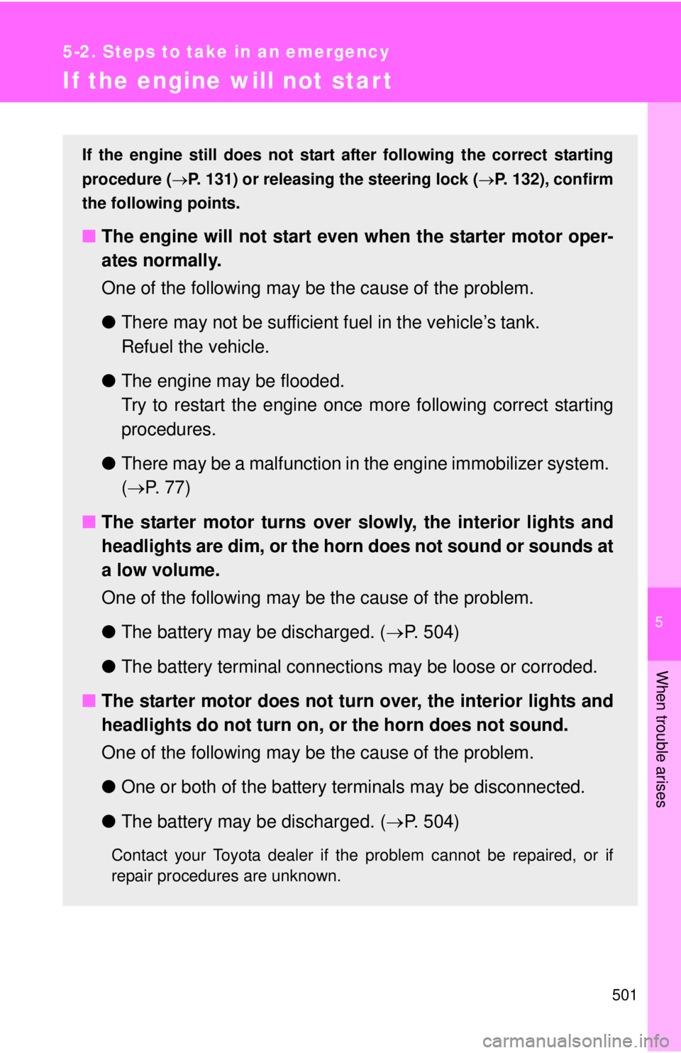TOYOTA TACOMA 2015 Owners Manual (in English) 5
When trouble arises
501
5-2. Steps to take in an emergency
If the engine will not star t
If the engine still does not start after following the correct starting
procedure ( P. 131) or releasing t TOYOTA TACOMA 2015 Owners Manual (in English) 5
When trouble arises
501
5-2. Steps to take in an emergency
If the engine will not star t
If the engine still does not start after following the correct starting
procedure ( P. 131) or releasing t