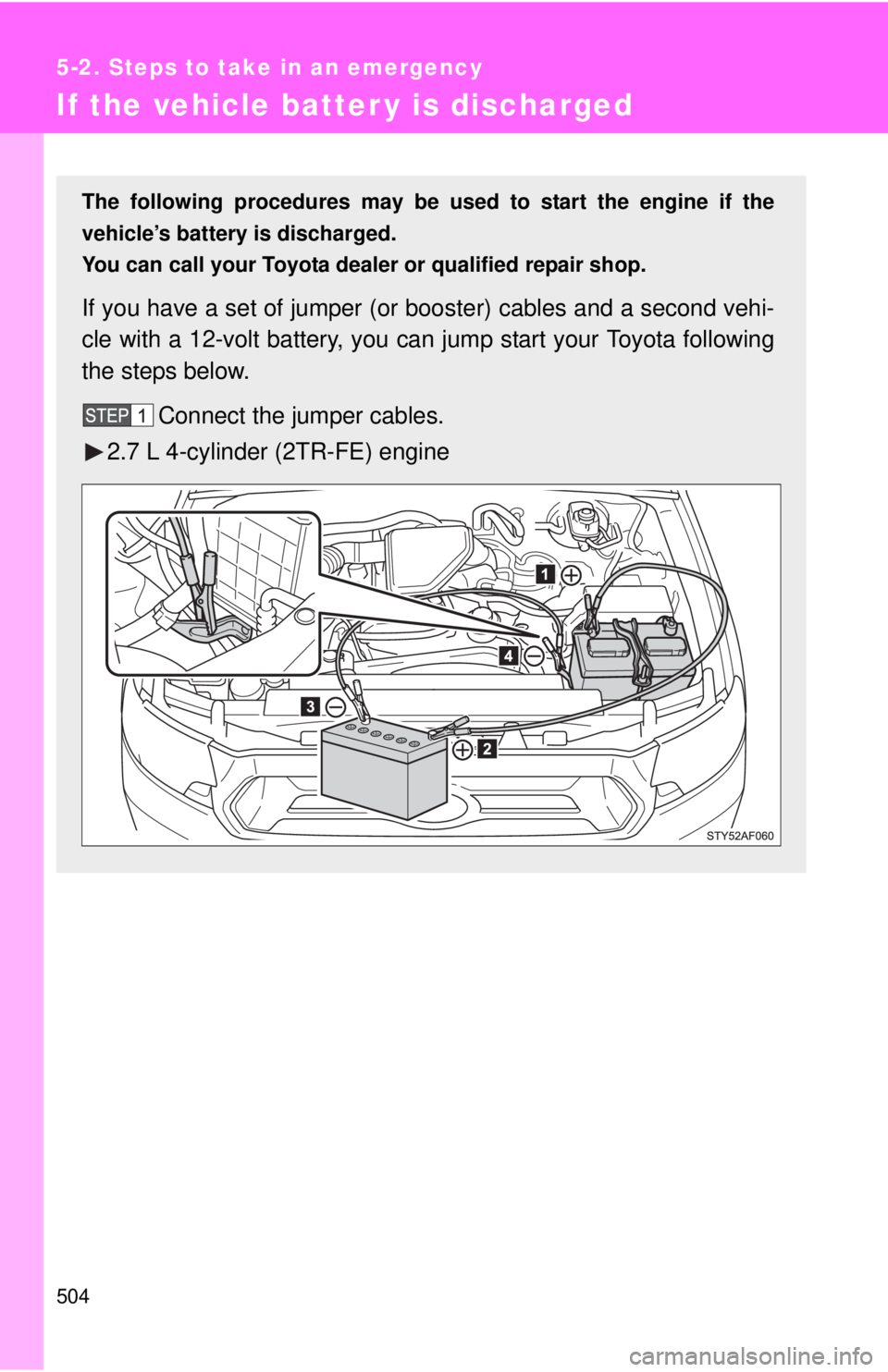 TOYOTA TACOMA 2015  Owners Manual (in English) 504
5-2. Steps to take in an emergency
If the vehicle batter y is discharged
The following procedures may be used to start the engine if the
vehicle’s battery is discharged.
You can call your Toyota