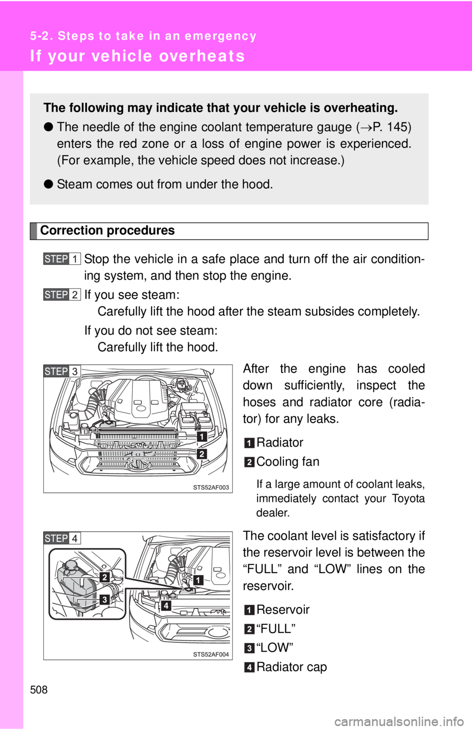 TOYOTA TACOMA 2015  Owners Manual (in English) 508
5-2. Steps to take in an emergency
If your vehicle overheats
Correction proceduresStop the vehicle in a safe place  and turn off the air condition-
ing system, and then stop the engine.
If you see