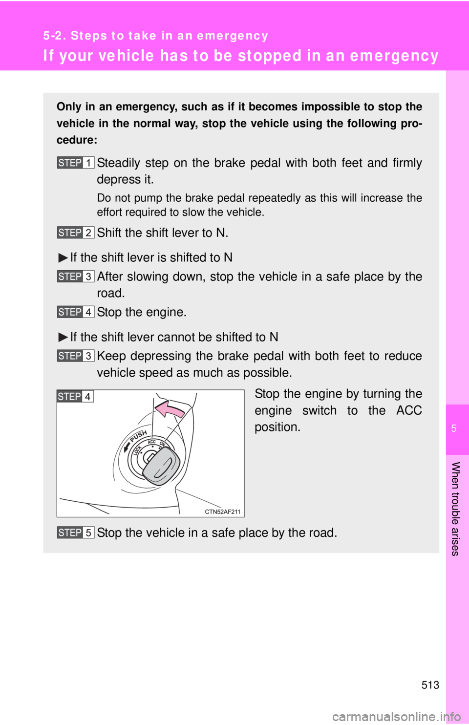 TOYOTA TACOMA 2015  Owners Manual (in English) 5
When trouble arises
513
5-2. Steps to take in an emergency
If your vehicle has to be stopped in an emergency
Only in an emergency, such as if it becomes impossible to stop the
vehicle in the normal 