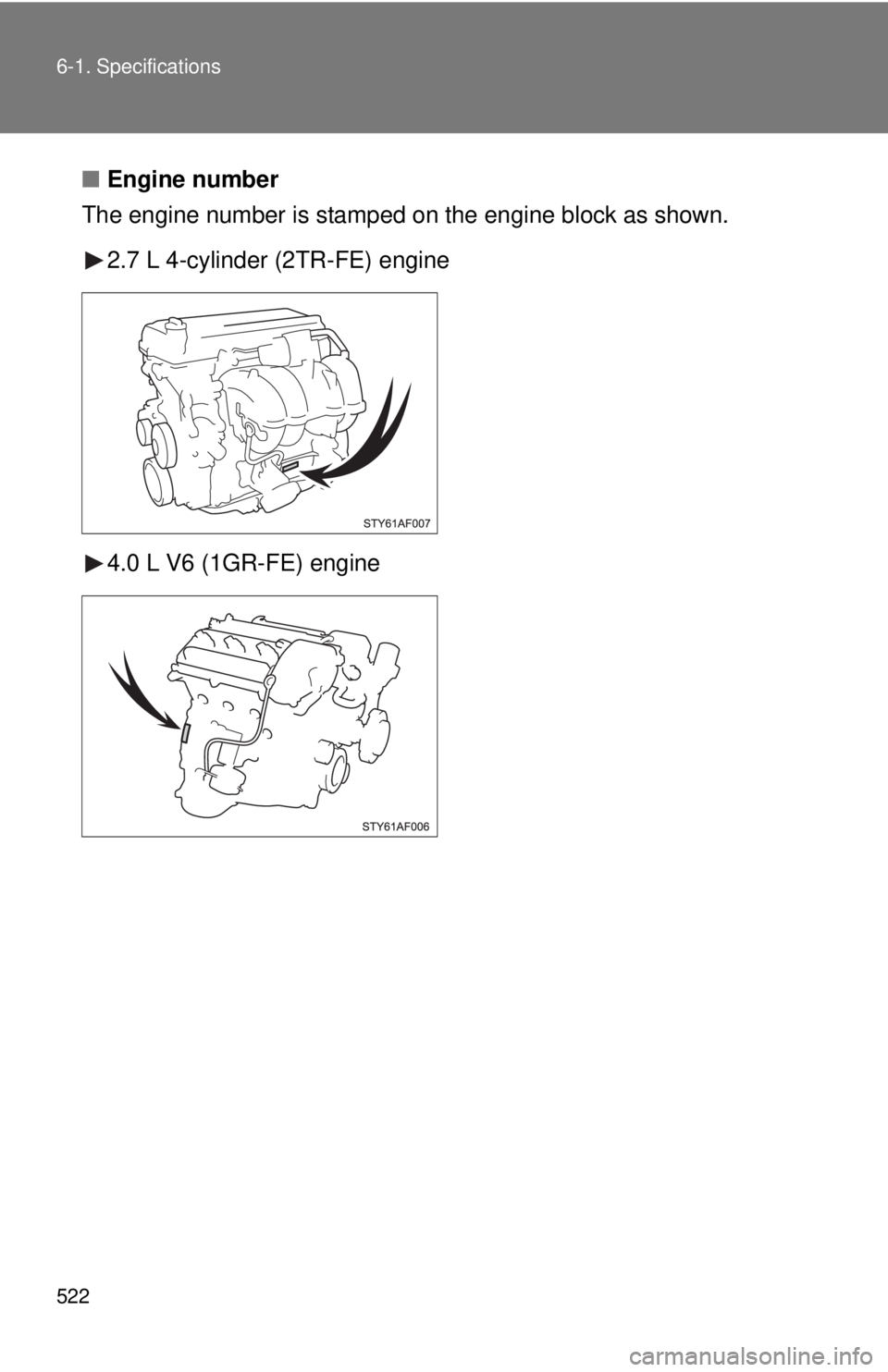 TOYOTA TACOMA 2015  Owners Manual (in English) 522 6-1. Specifications
■Engine number
The engine number is stamped on the engine bl ock as shown.
2.7 L 4-cylinder (2TR-FE) engine
4.0 L V6 (1GR-FE) engine 