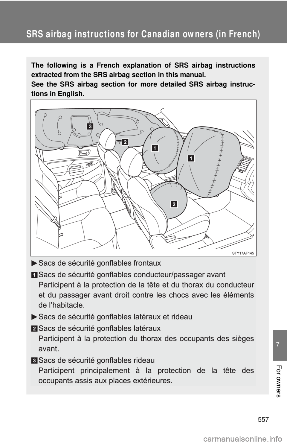 TOYOTA TACOMA 2015  Owners Manual (in English) 557
7
For owners
SRS airbag instructions for Canadian owners (in French)
The following is a French explanation of SRS airbag instructions
extracted from the SRS airbag section in this manual.
See the 