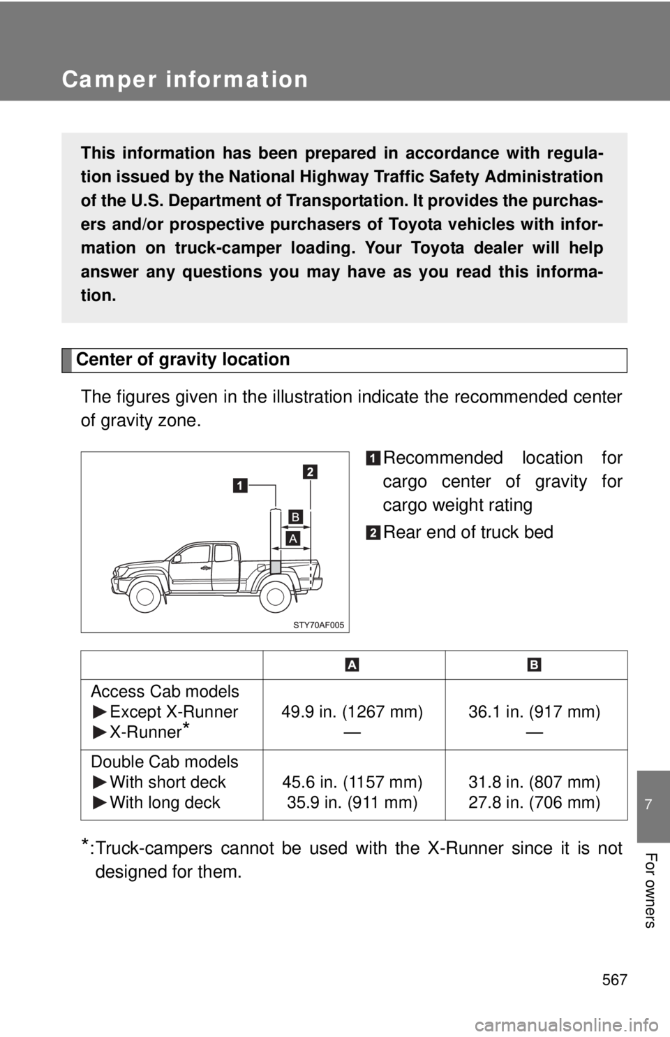 TOYOTA TACOMA 2015  Owners Manual (in English) 567
7
For owners
Camper information
Center of gravity locationThe figures given in the illustration indicate the recommended center
of gravity zone. Recommended location for
cargo center of gravity fo