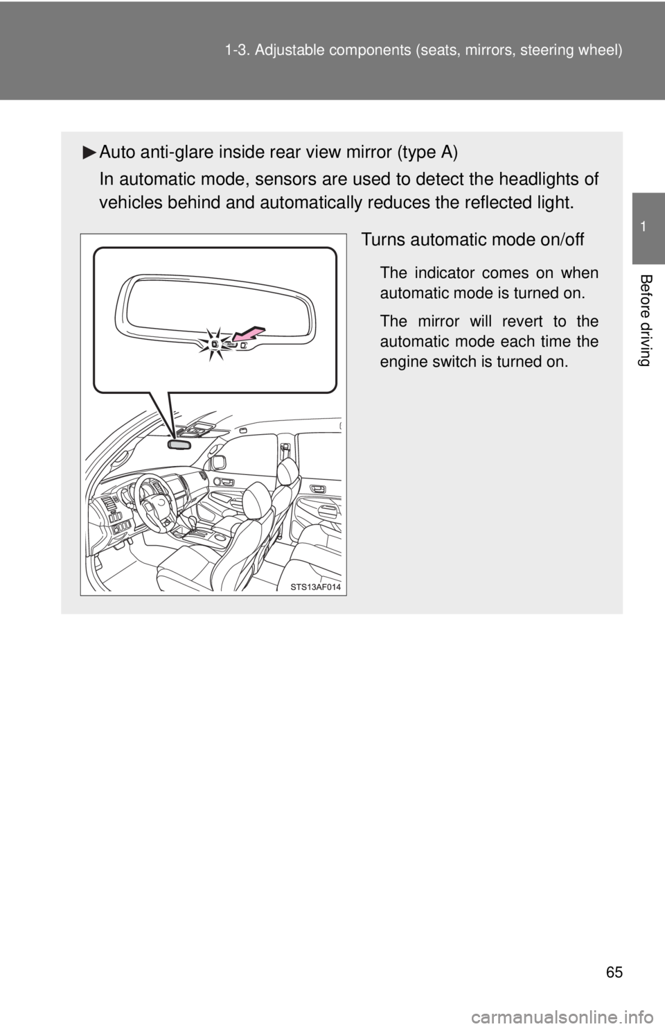 TOYOTA TACOMA 2015  Owners Manual (in English) 65
1-3. Adjustable components (s
eats, mirrors, steering wheel)
1
Before driving
Auto anti-glare inside rear view mirror (type A)
In automatic mode, sensors are  used to detect the headlights of
vehic