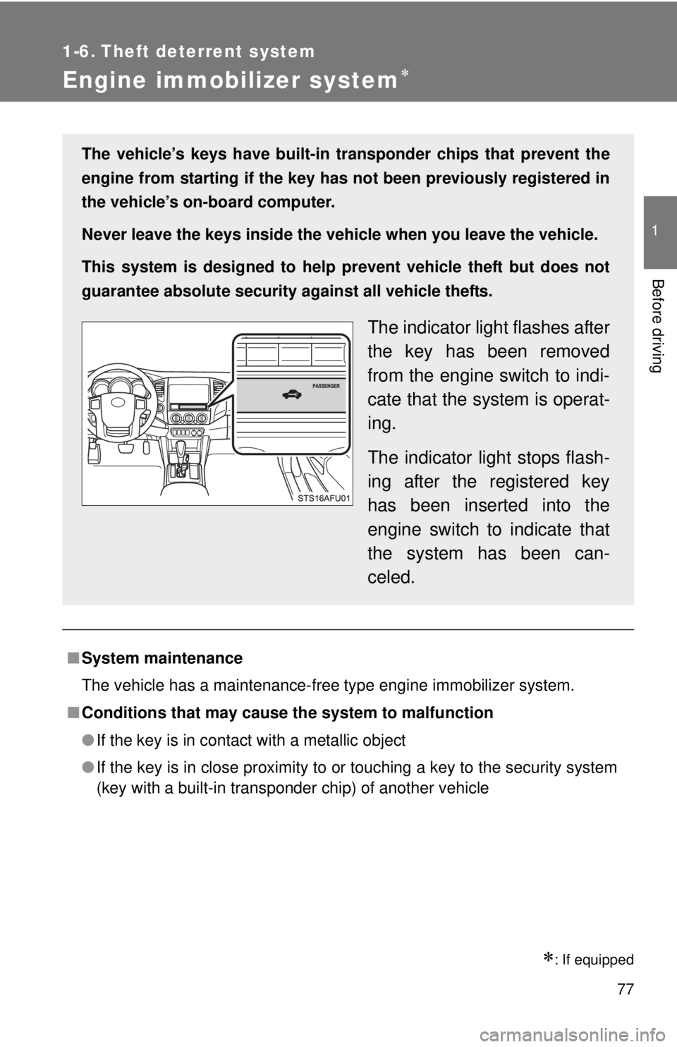 TOYOTA TACOMA 2015 Owners Manual (in English) 77
1
Before driving
1-6. Theft deterrent system
Engine immobilizer system
: If equipped
■System maintenance
The vehicle has a maintenance-free type engine immobilizer system.
■ Conditions th TOYOTA TACOMA 2015 Owners Manual (in English) 77
1
Before driving
1-6. Theft deterrent system
Engine immobilizer system
: If equipped
■System maintenance
The vehicle has a maintenance-free type engine immobilizer system.
■ Conditions th