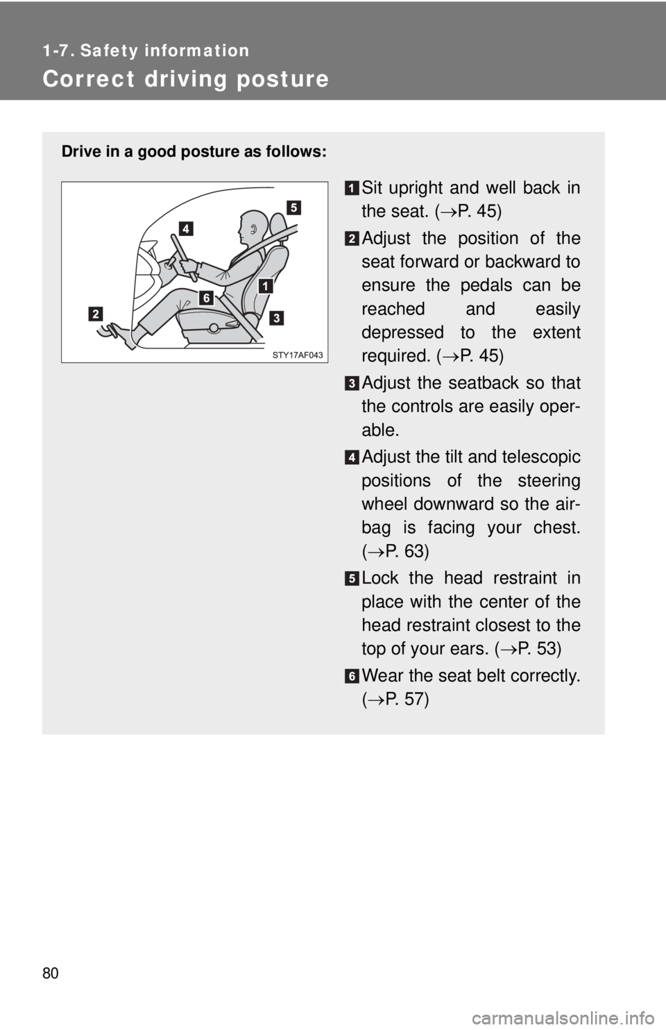 TOYOTA TACOMA 2015  Owners Manual (in English) 80
1-7. Safety information
Correct driving posture
Drive in a good posture as follows:
Sit upright and well back in
the seat. (P.  4 5 )
Adjust the position of the
seat forward or backward to
ensur