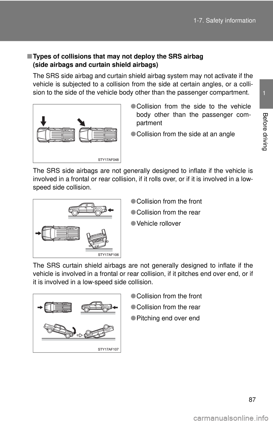 TOYOTA TACOMA 2015 Owners Manual (in English) 87
1-7. Safety information
1
Before driving
■
Types of collisions that may not deploy the SRS airbag
(side airbags and curtain shield airbags)
The SRS side airbag and curtain shield airbag system TOYOTA TACOMA 2015 Owners Manual (in English) 87
1-7. Safety information
1
Before driving
■
Types of collisions that may not deploy the SRS airbag
(side airbags and curtain shield airbags)
The SRS side airbag and curtain shield airbag system