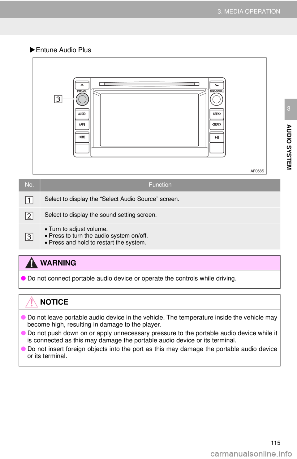 TOYOTA TACOMA 2016  Accessories, Audio & Navigation (in English) 115
3. MEDIA OPERATION
AUDIO SYSTEM
3
Entune Audio Plus
No.Function
Select to display the “Select Audio Source” screen.
Select to display the sound setting screen.
Turn to adjust volume.
