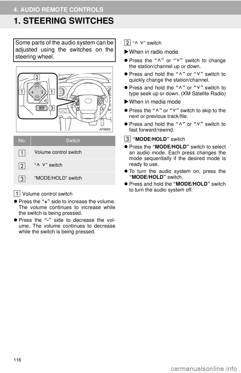 TOYOTA TACOMA 2016  Accessories, Audio & Navigation (in English) 116
4. AUDIO REMOTE CONTROLS
1. STEERING SWITCHES
Volume control switch
 Press the  “+” side to increase the volume.
The volume continues to increase while
the switch is being pressed.
 Pres