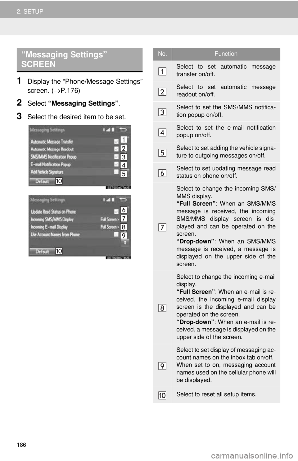 TOYOTA TACOMA 2016  Accessories, Audio & Navigation (in English) 186
2. SETUP
1Display the “Phone/Message Settings”
screen. (P.176)
2Select “Messaging Settings” .
3Select the desired item to be set.
“Messaging Settings” 
SCREEN No.Function
Select to 