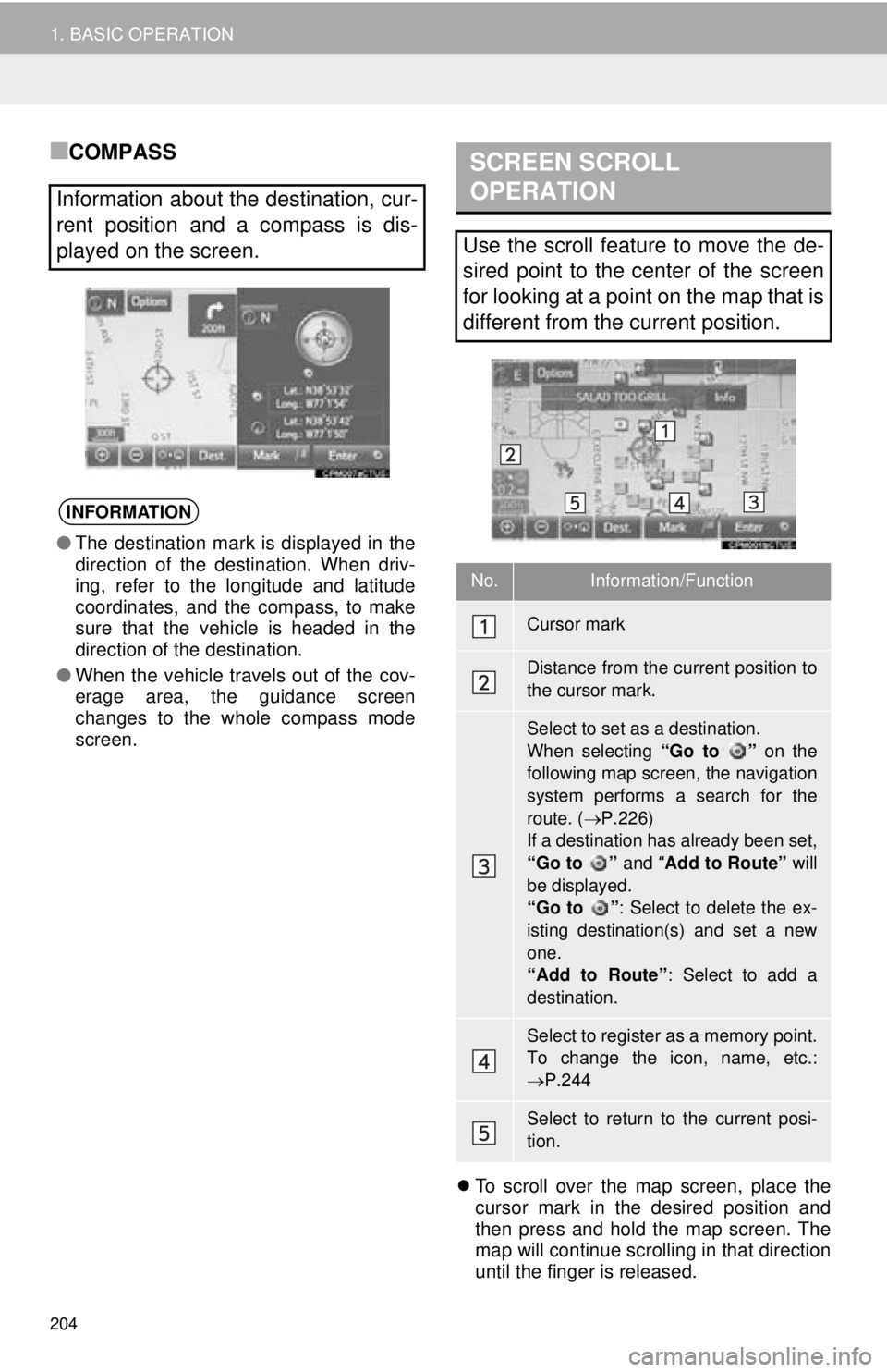 TOYOTA TACOMA 2016  Accessories, Audio & Navigation (in English) 204
1. BASIC OPERATION
■COMPASS
To scroll over the map screen, place the
cursor mark in the desired position and
then press and hold the map screen. The
map will continue scrolling in that direct
