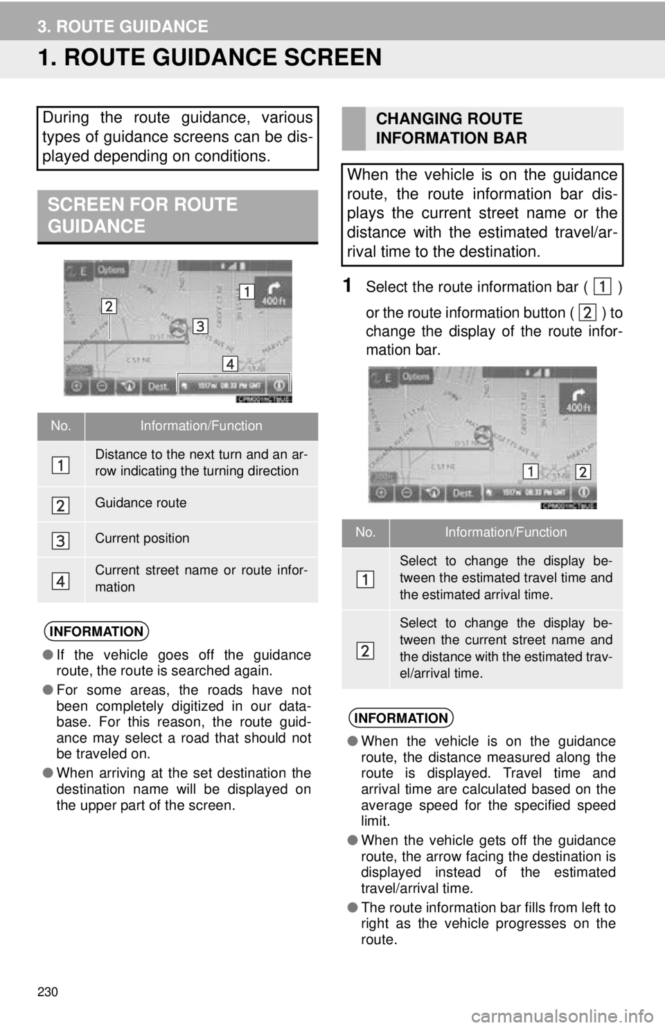 TOYOTA TACOMA 2016  Accessories, Audio & Navigation (in English) 230
3. ROUTE GUIDANCE
1. ROUTE GUIDANCE SCREEN
1Select the route information bar (  )
or the route information button ( 
 ) to
change the display of the route infor-
mation bar.
During the route guida