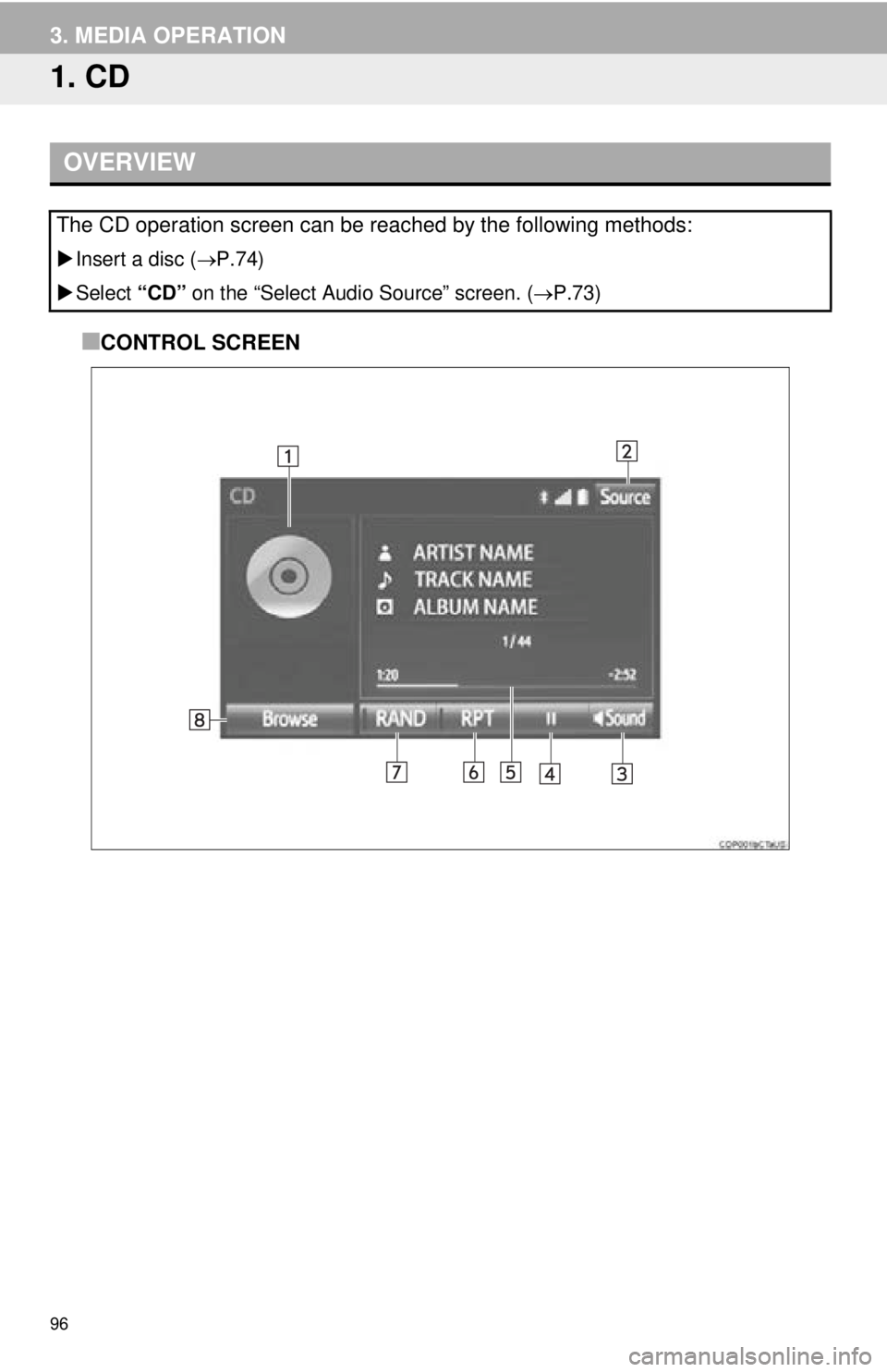 TOYOTA TACOMA 2016  Accessories, Audio & Navigation (in English) 96
3. MEDIA OPERATION
1. CD
■CONTROL SCREEN
OVERVIEW
The CD operation screen can be reached by the following methods: 
Insert a disc ( P.74)
 Select  “CD” on the “Select Audio Source