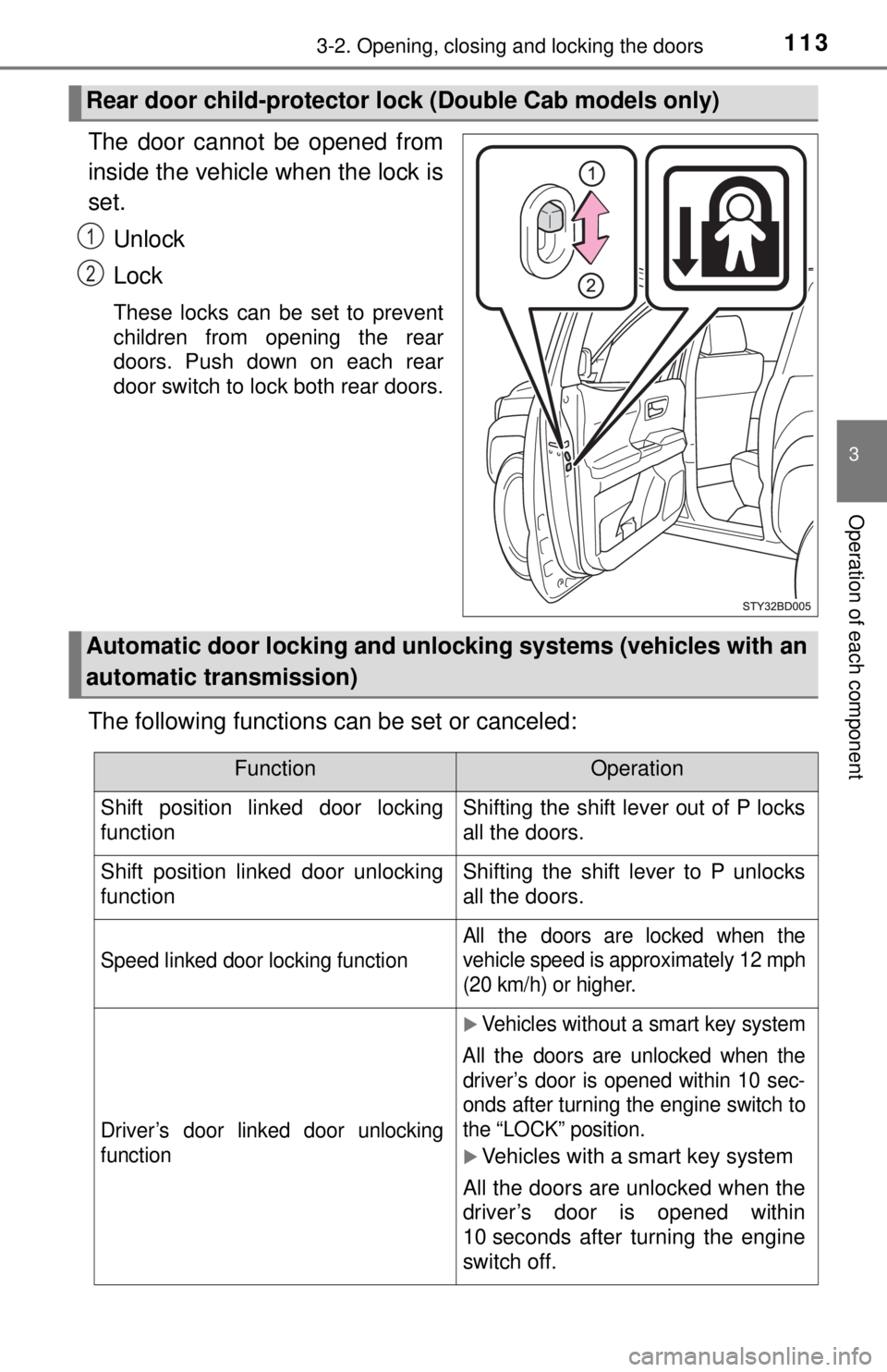 TOYOTA TACOMA 2017  Owners Manual (in English) 1133-2. Opening, closing and locking the doors
3
Operation of each component
The door cannot be opened from
inside the vehicle when the lock is
set.Unlock
Lock
These locks can be set to prevent
childr