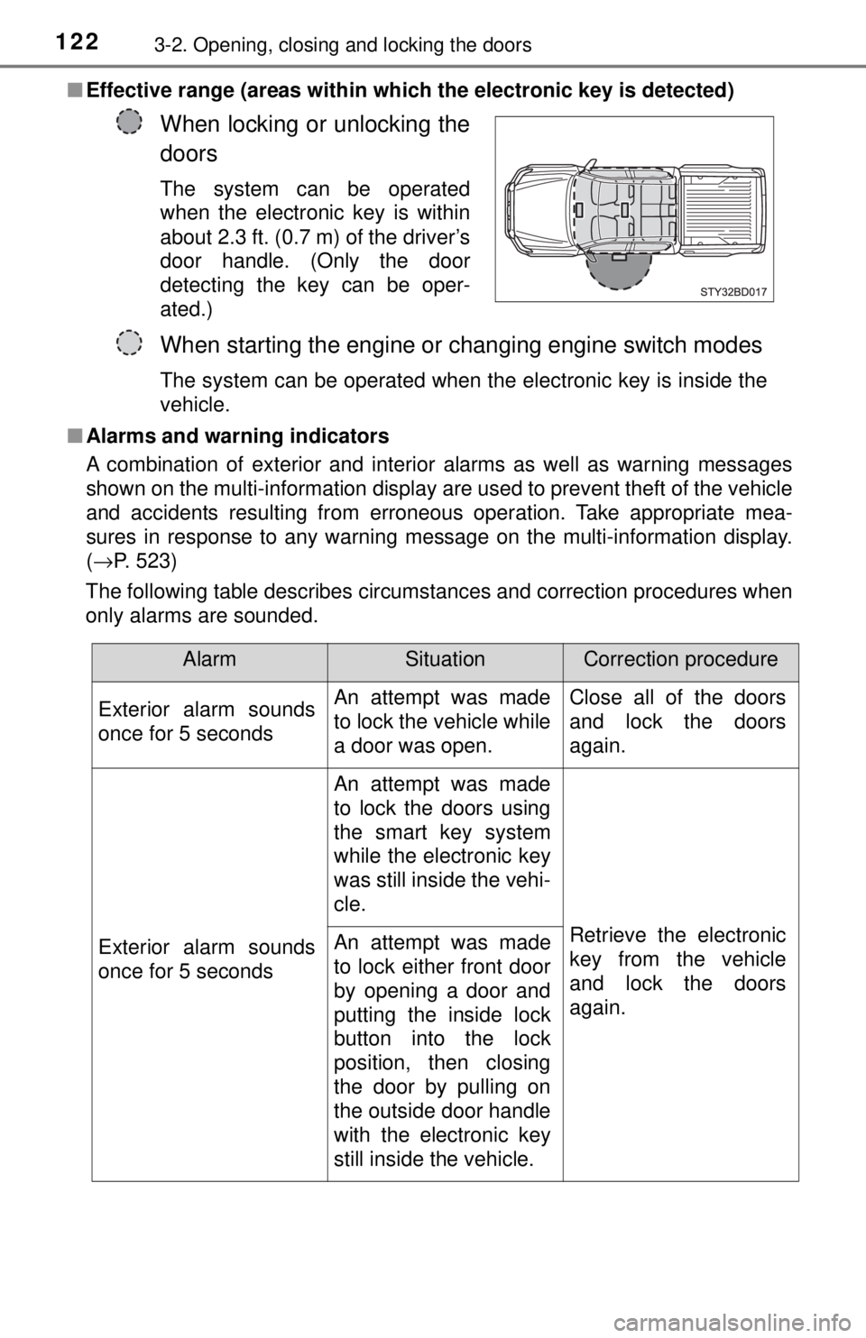 TOYOTA TACOMA 2017  Owners Manual (in English) 1223-2. Opening, closing and locking the doors
■Effective range (areas within whic h the electronic key is detected)
■ Alarms and warning indicators
A combination of exterior and interior alarms a