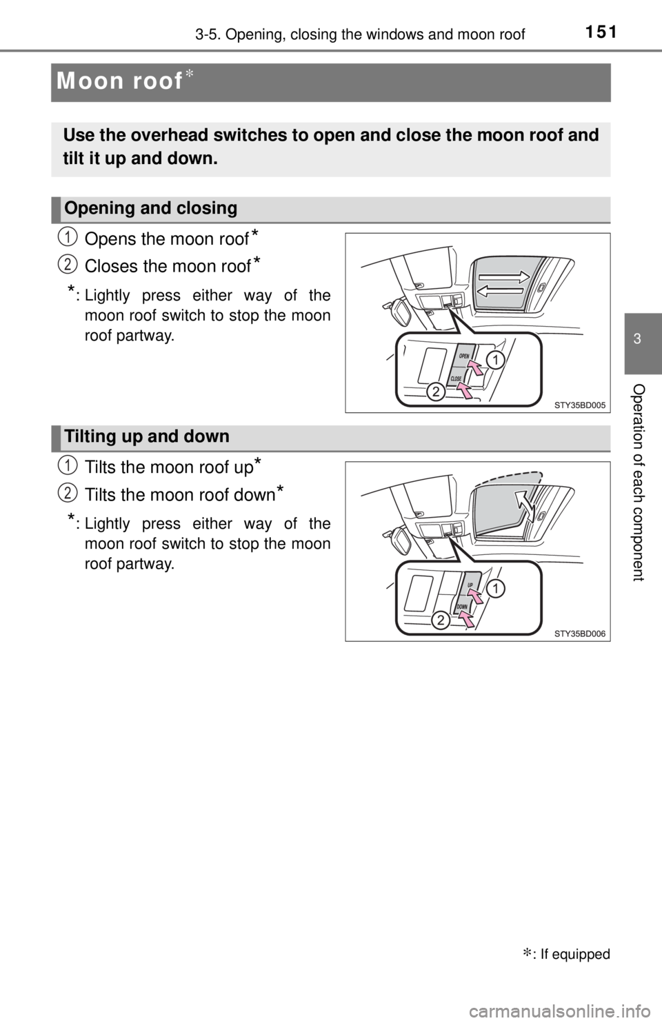 TOYOTA TACOMA 2017  Owners Manual (in English) 1513-5. Opening, closing the windows and moon roof
3
Operation of each component
Moon roof∗
Opens the moon roof*
Closes the moon roof*
*
: Lightly press either way of the moon roof switch to stop th