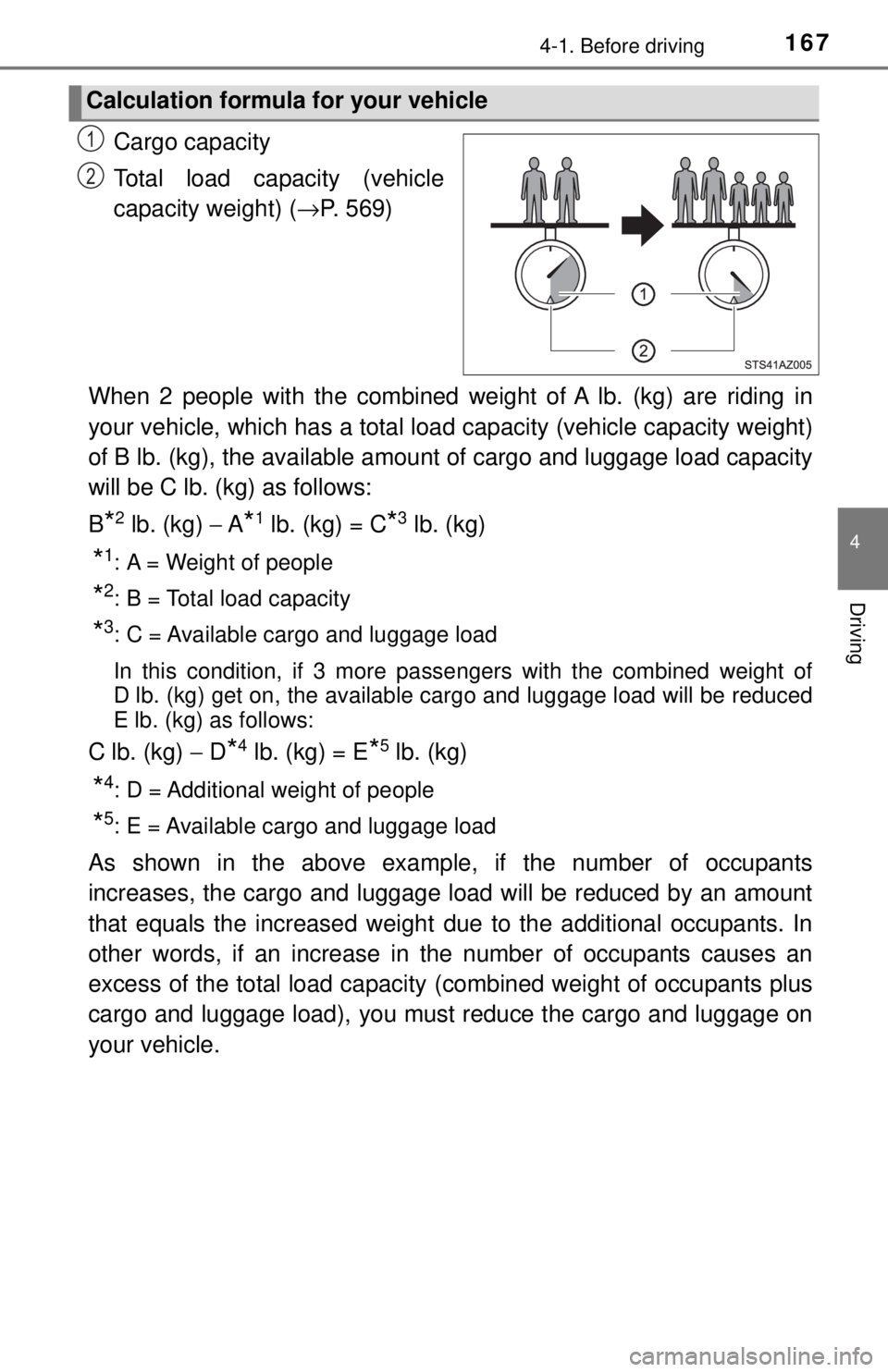 TOYOTA TACOMA 2017  Owners Manual (in English) 1674-1. Before driving
4
Driving
Cargo capacity
Total load capacity (vehicle
capacity weight) (→P. 569)
When 2 people with the combined weight of A lb. (kg) are riding in
your vehicle, which has a t