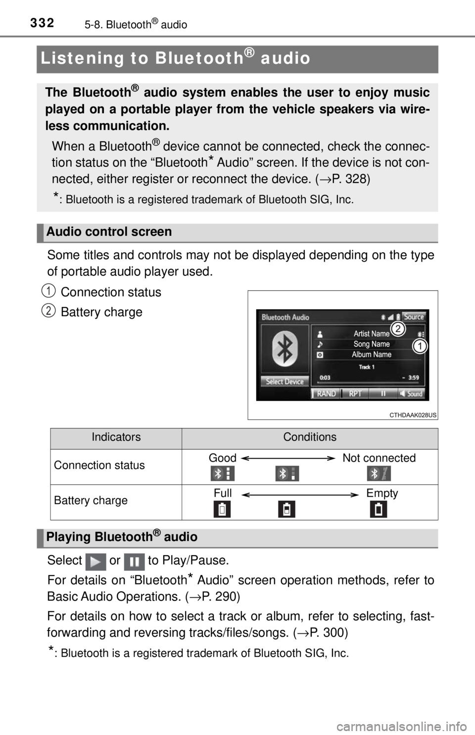 TOYOTA TACOMA 2017  Owners Manual (in English) 3325-8. Bluetooth® audio
Listening to Bluetooth® audio
Some titles and controls may not be displayed depending on the type
of portable audio player used.Connection status
Battery charge
Select   or 