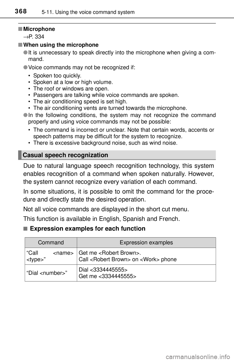 TOYOTA TACOMA 2017  Owners Manual (in English) 3685-11. Using the voice command system
■Microphone
→P. 334
■ When using the microphone
●It is unnecessary to speak directly into the microphone when giving a com-
mand.
● Voice commands may